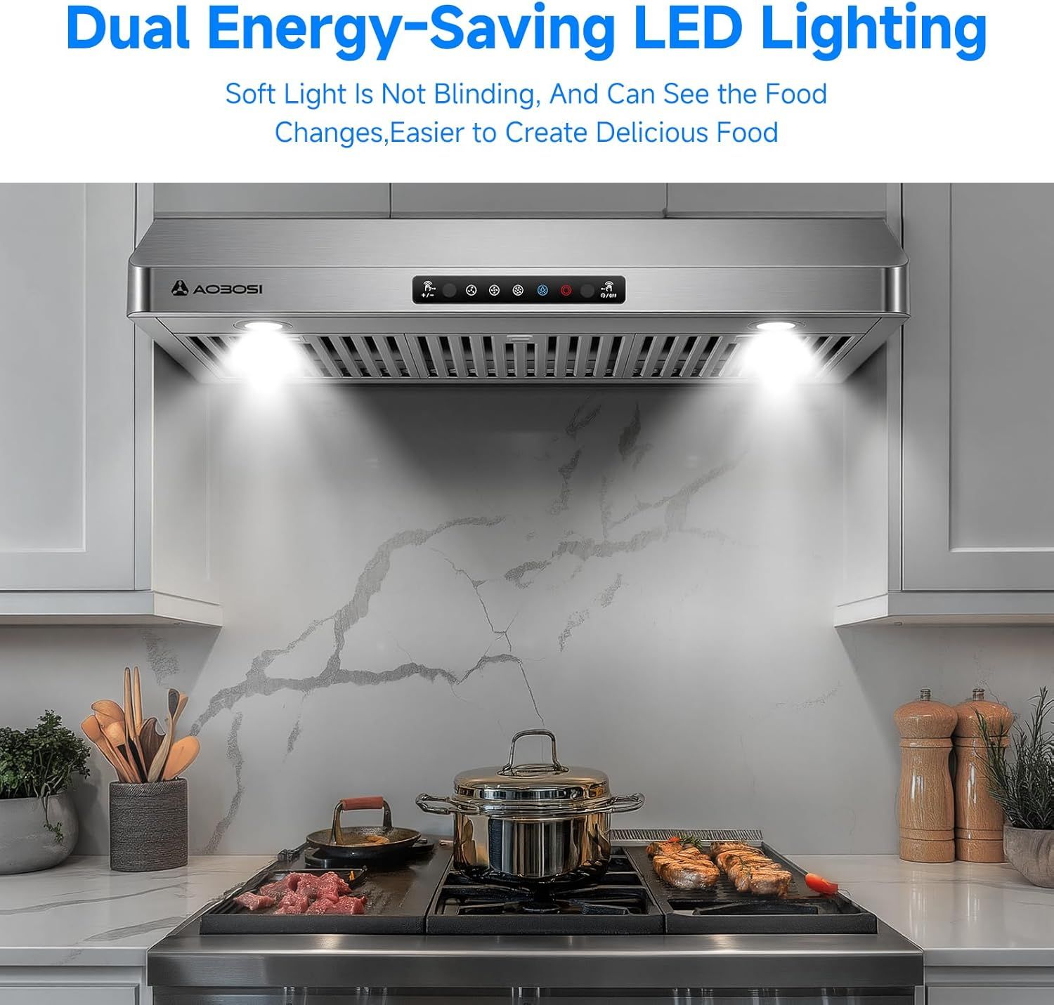 Highlights the range hood's dual LED lighting feature that provides soft, non-blinding illumination to help users see food clearly while cooking, emphasizing both energy efficiency and cooking…