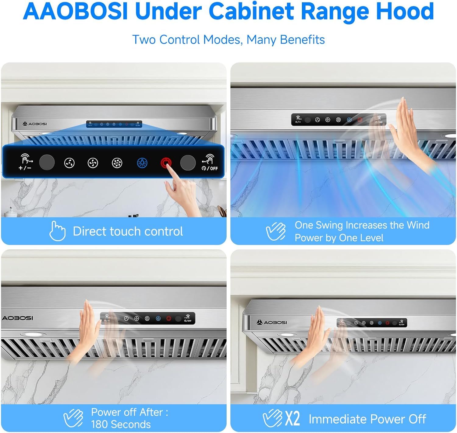 Demonstrates the range hood's multiple control modes and convenience features, showing shoppers the versatile ways they can operate the product for ease of use.