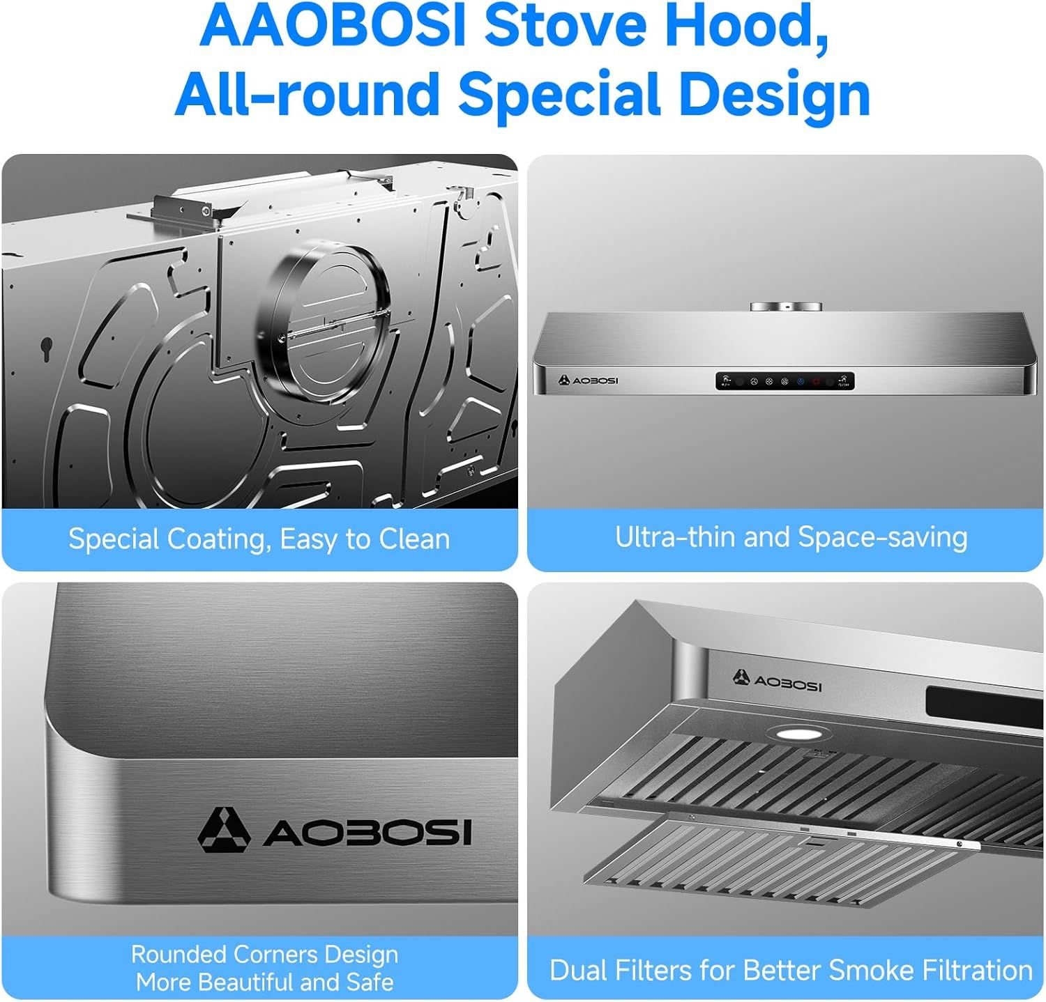 Showcases multiple distinct benefits of the stove hood in a segmented four-panel layout, highlighting ease of cleaning, space efficiency, aesthetic safety design, and superior filtration to…