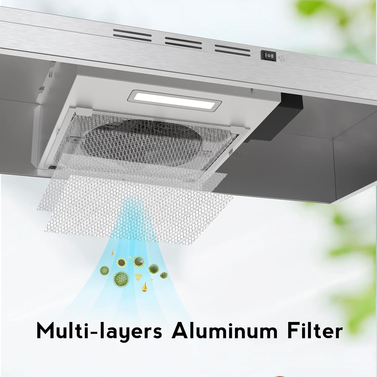 Demonstrates the internal structure and filtration system of the range hood, showing how the multi-layer aluminum filter captures grease, particles, and contaminants to reassure shoppers of its…