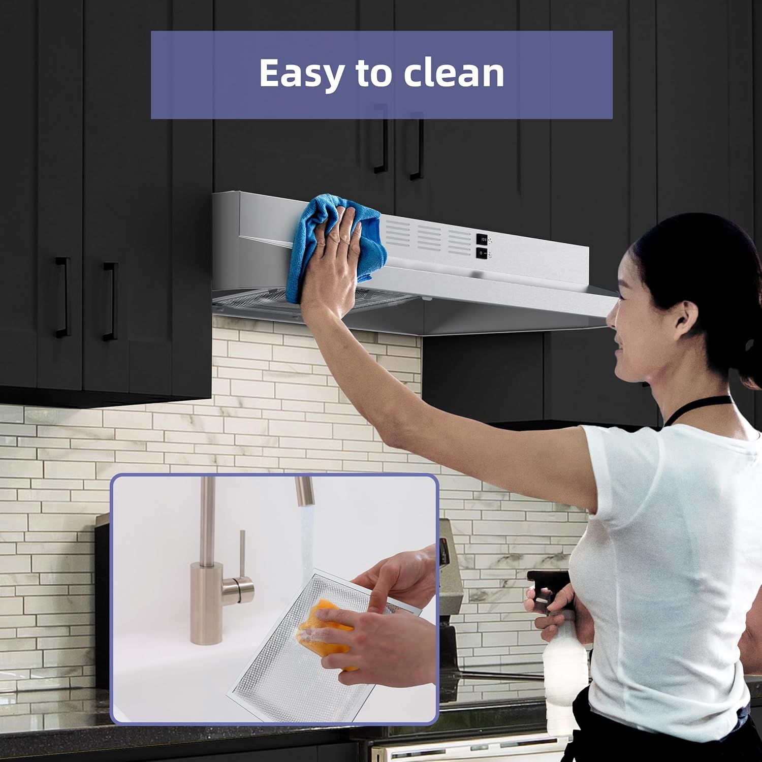 Demonstrates that the range hood is easy to maintain and clean, reassuring shoppers that upkeep will be simple and hassle-free.