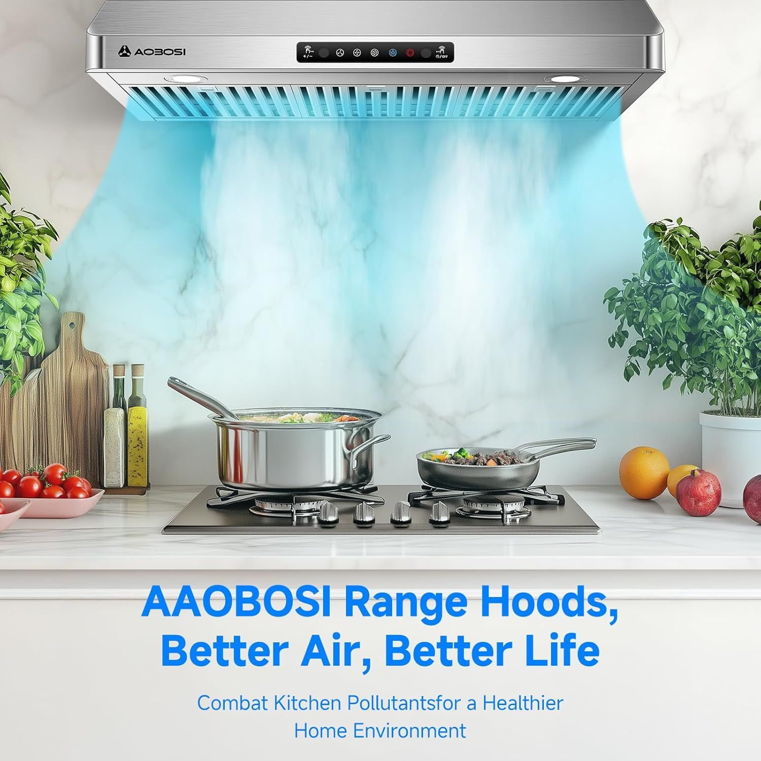 Demonstrates the range hood in a real kitchen setting with visible air flow (blue visualization) to show how it actively removes cooking pollutants, creating a healthier home environment.