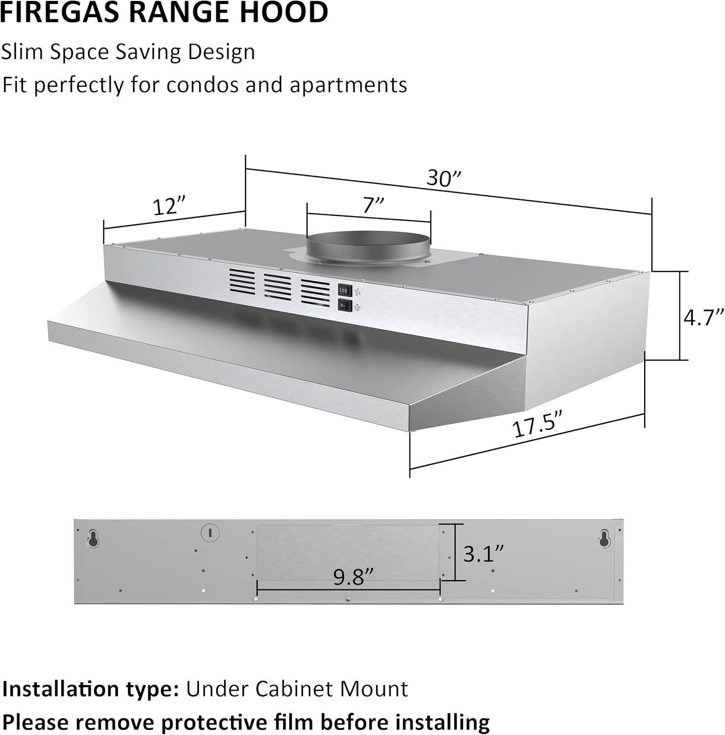 Communicates the exact physical dimensions of the range hood to help shoppers verify it will fit in their space, emphasizing its slim design ideal for condos and apartments. Provides installation…