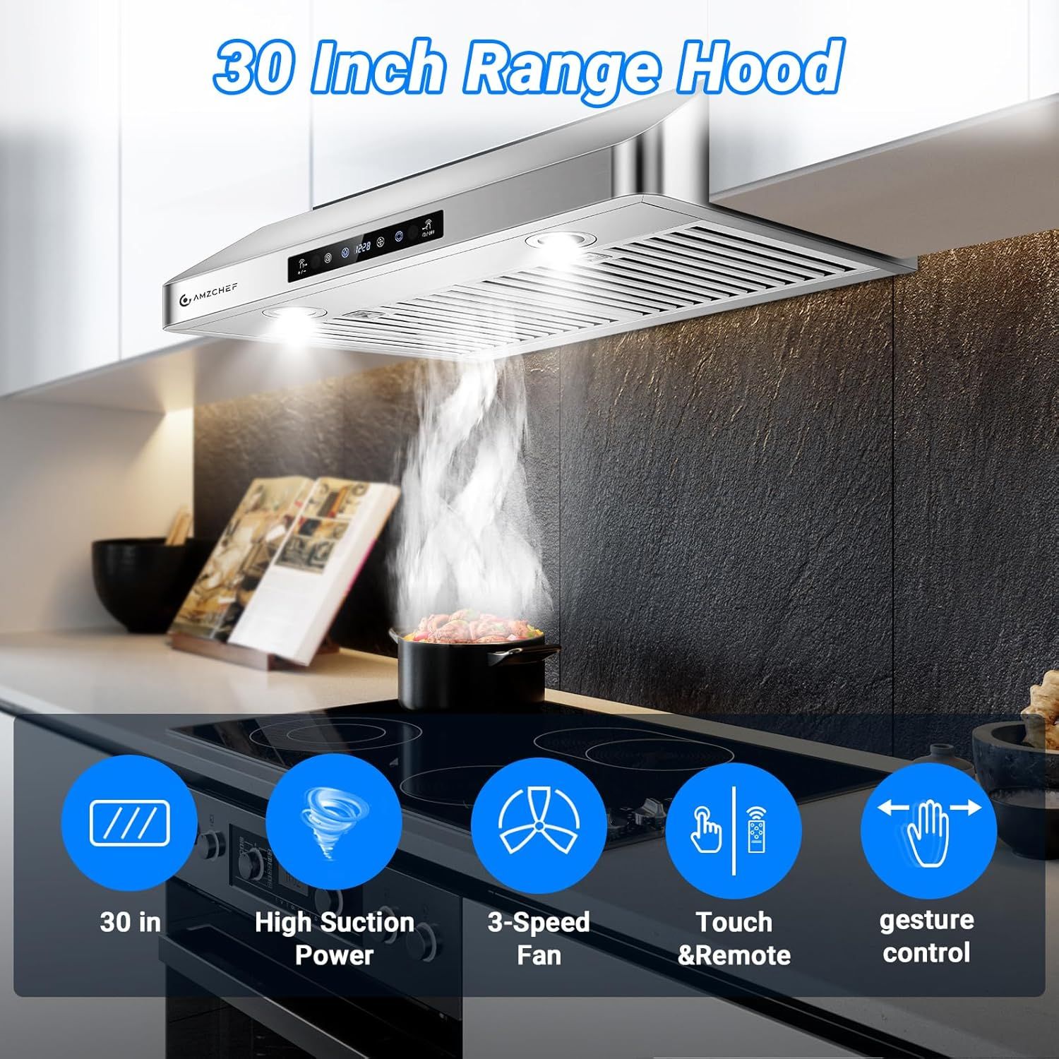 Communicates multiple key features and benefits of the range hood in a segmented layout, showing shoppers the product's size, powerful suction, speed options, and convenient control methods.