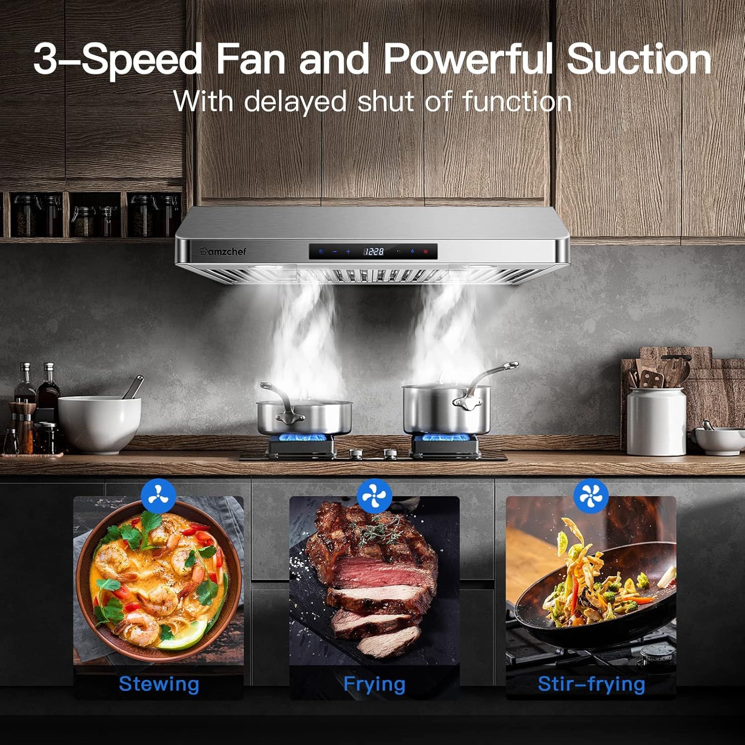 Communicates the range hood's key performance features (fan speeds, suction power, delayed shut-off) and demonstrates its versatility across different cooking methods (stewing, frying, stir-frying)…