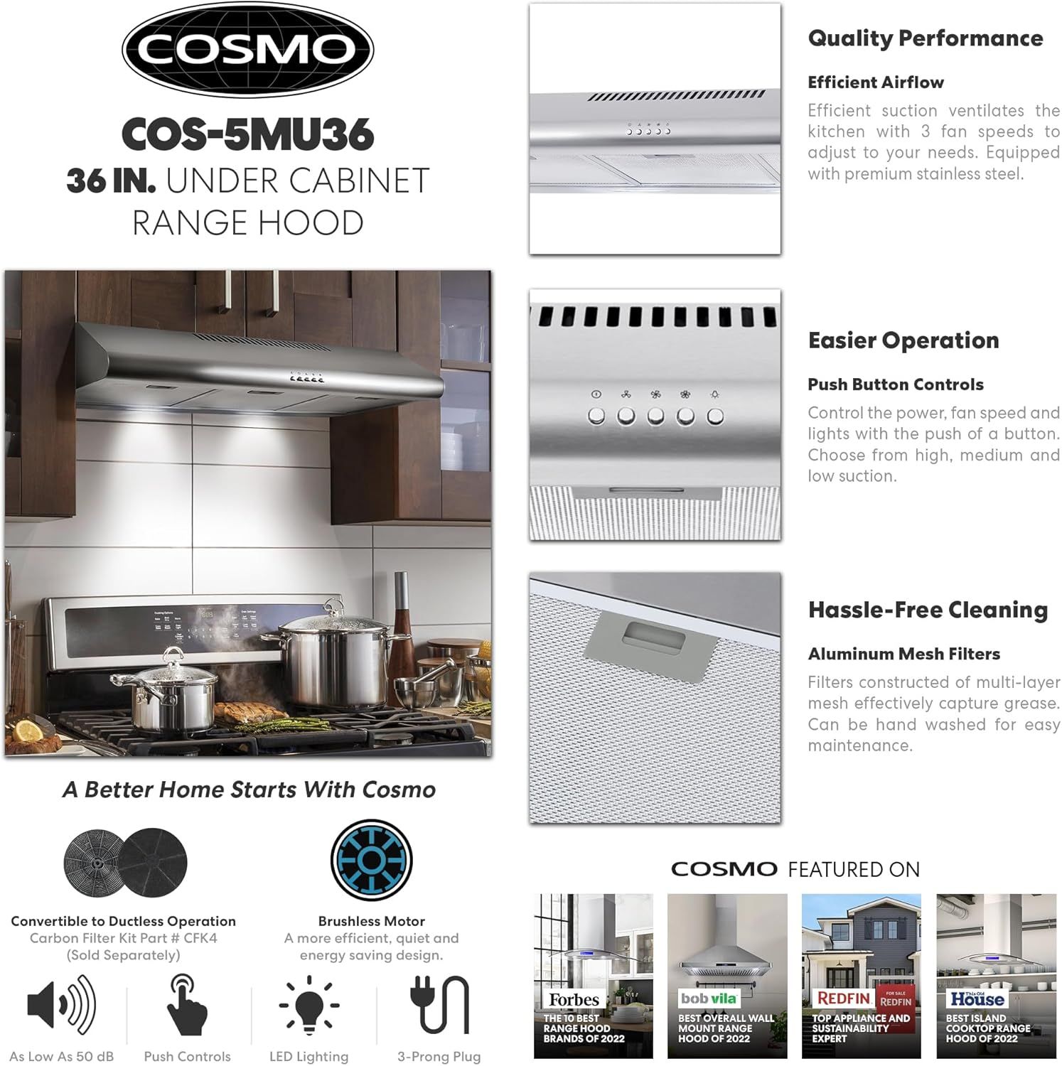 This image showcases multiple distinct benefits of the under-cabinet range hood in a segmented layout, highlighting quality performance, ease of operation, hassle-free cleaning, and additional…