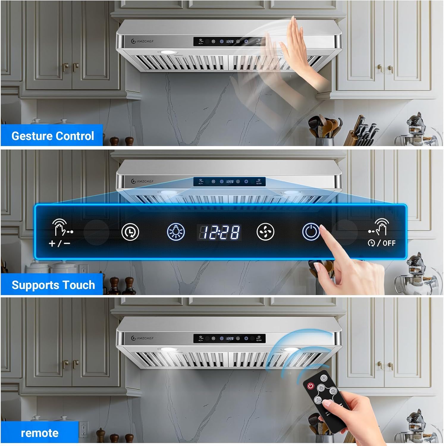 Demonstrates three different ways to operate the range hood (gesture, touch, and remote), showing shoppers the ease and flexibility of control options. Highlights multiple control methods available…