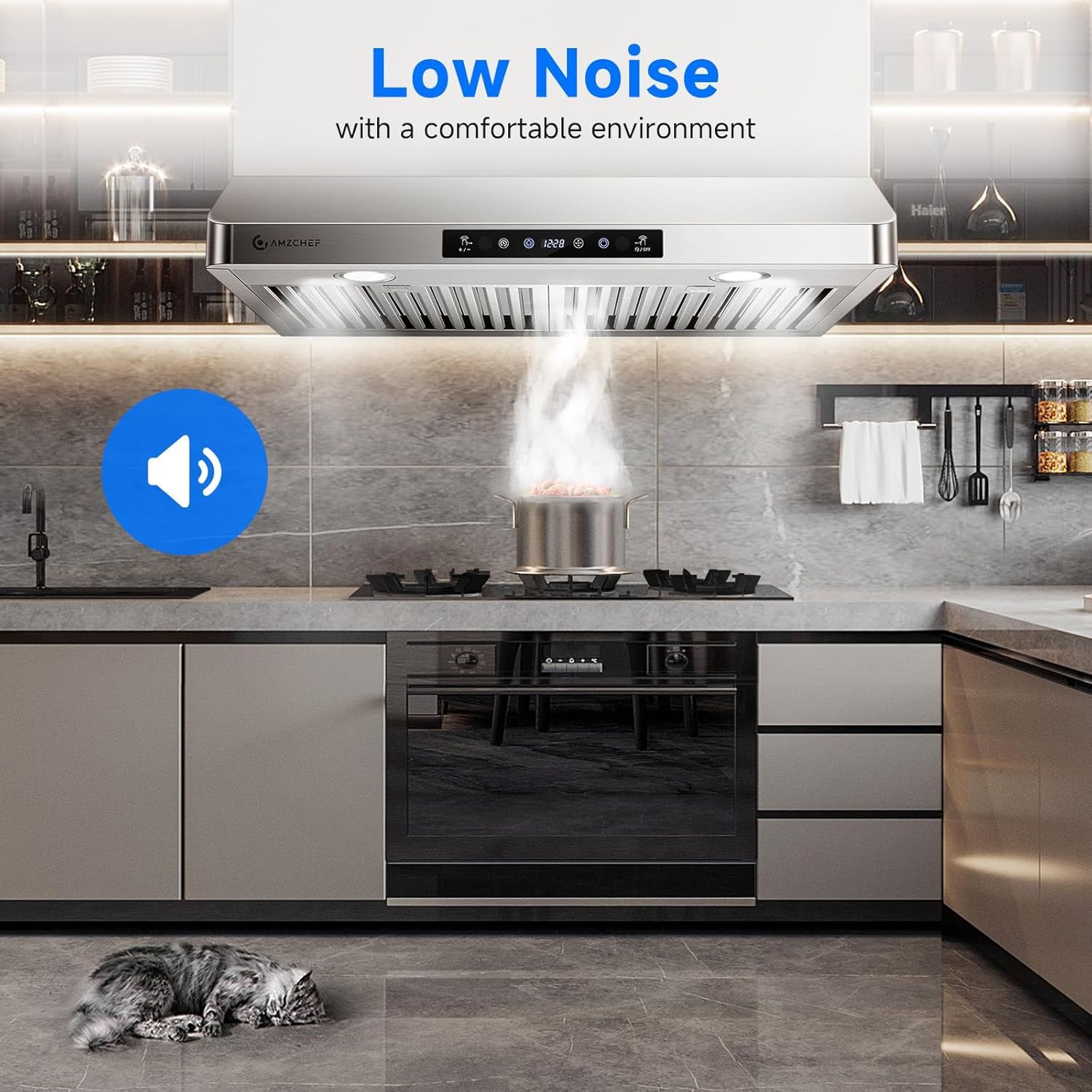 Communicates that the range hood operates quietly, creating a comfortable kitchen environment without disruptive noise.