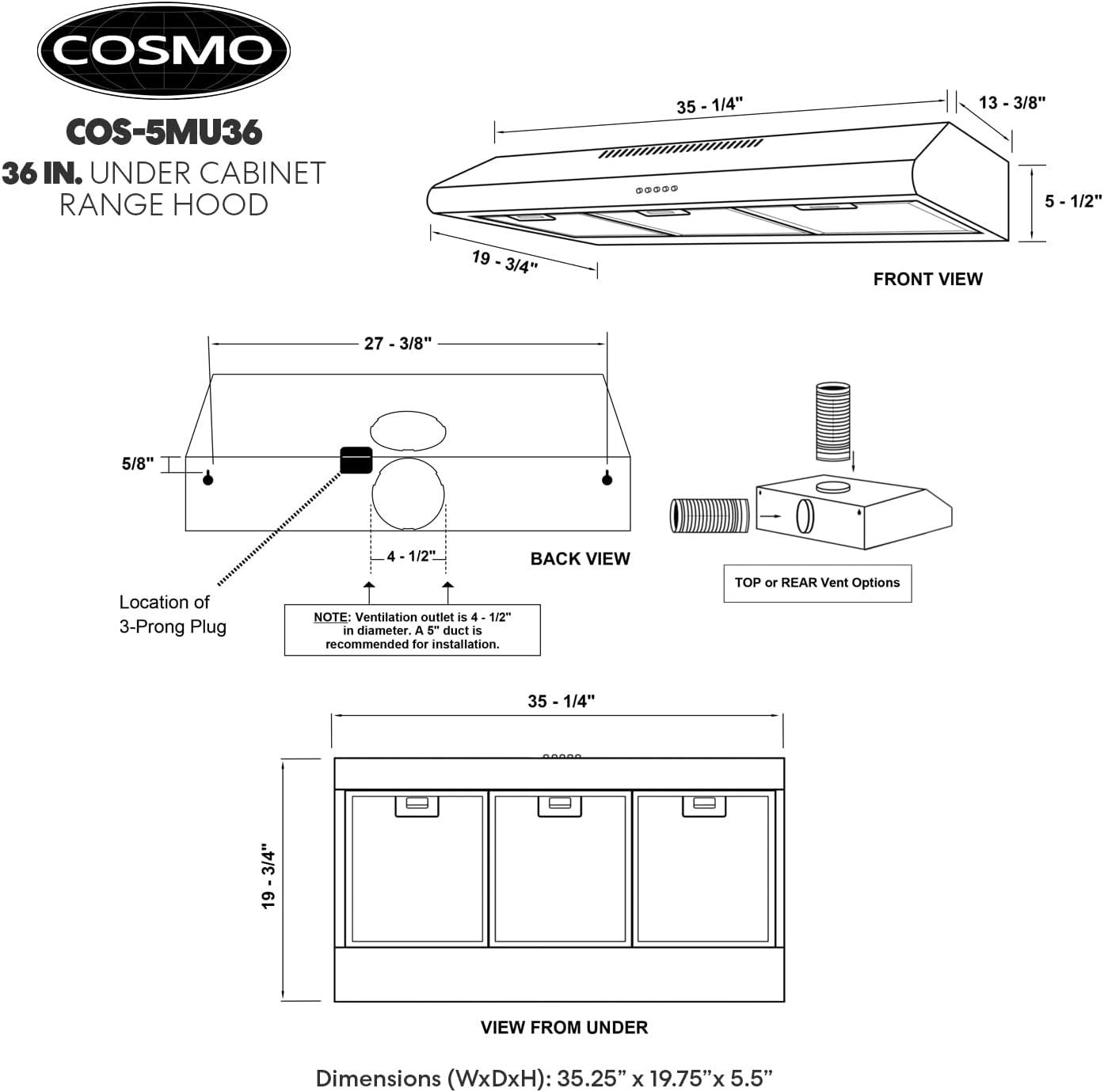 Provides detailed dimensional specifications and installation measurements to help shoppers understand the exact physical size of the range hood and ensure proper fit under their cabinet.
