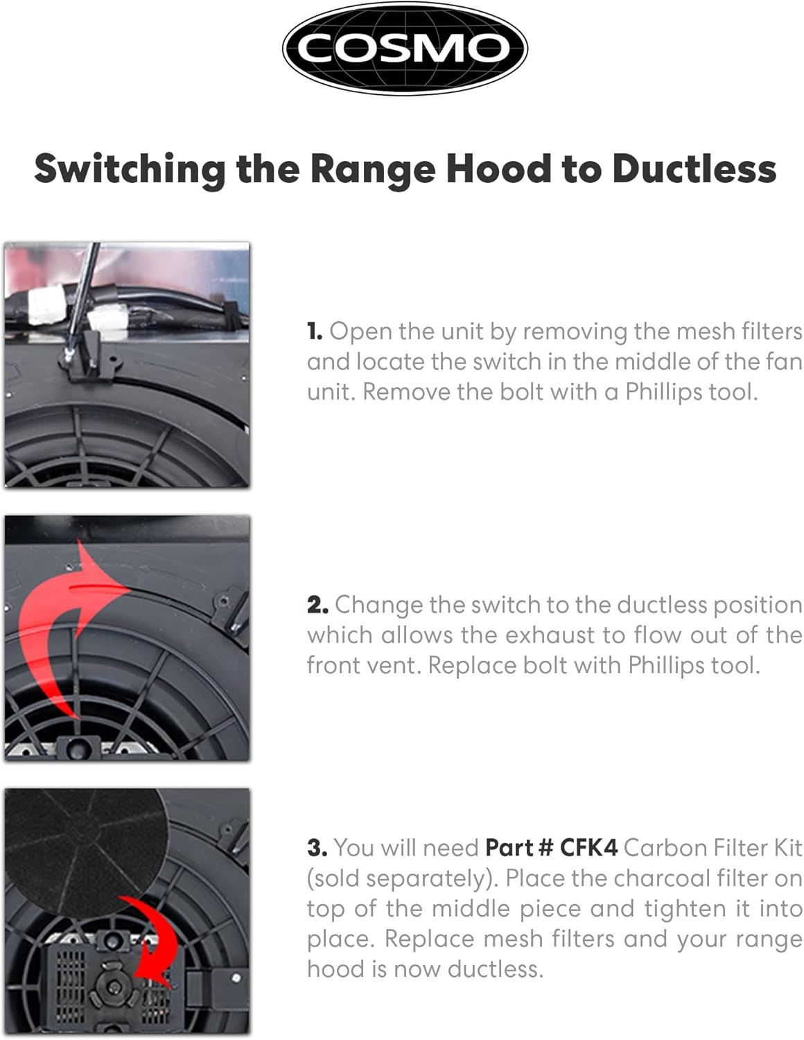 This image provides step-by-step instructions for converting the range hood to ductless mode, helping shoppers understand the installation process and reassuring them that the product offers…