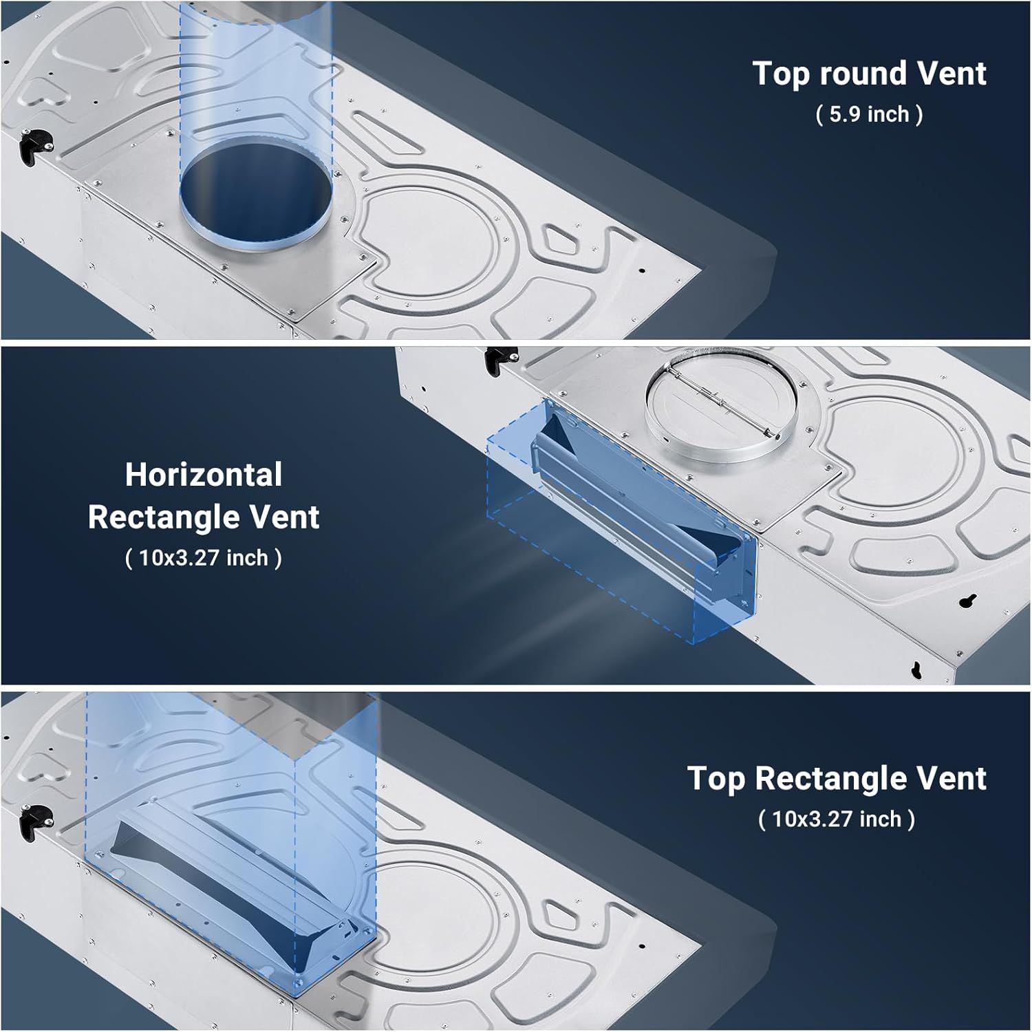 This image breaks down the product's ventilation components by highlighting three distinct vent types with their exact dimensions, helping shoppers understand the physical structure and airflow…