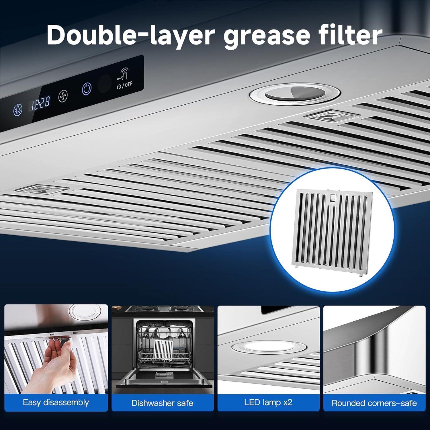 Communicates multiple distinct benefits of the range hood including its double-layer grease filter, ease of maintenance, dishwasher compatibility, lighting features, and safety design to reassure…