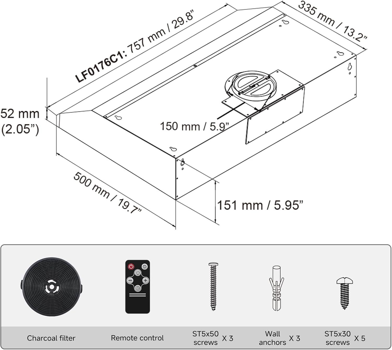 Provides exact measurements of the product's physical dimensions to help shoppers understand the size and ensure it fits their installation space. Shows all components included in the package…