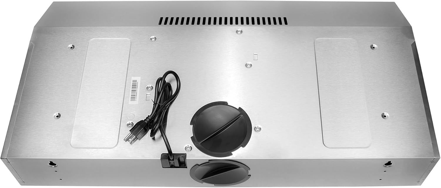 Shows the back panel of the range hood with ventilation grille, power cord, and mounting hardware to help shoppers understand the product's installation requirements and physical construction.