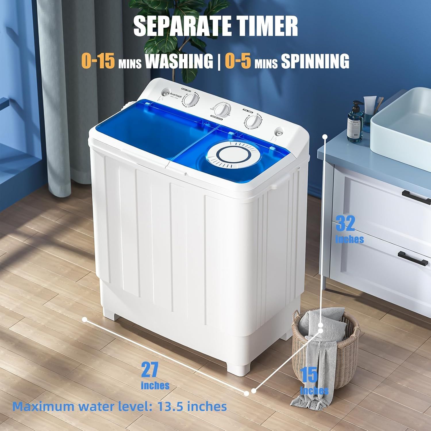 Communicates the exact physical dimensions of the washing machine (27 x 15 x 32 inches) to help shoppers understand if it will fit in their space. Highlights the separate timer feature that allows…