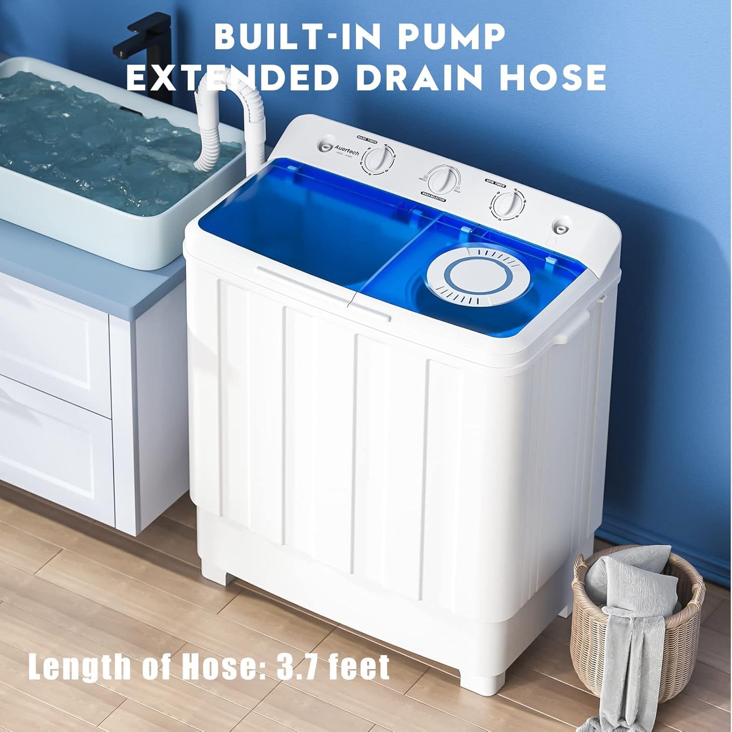 Highlights the product's built-in pump and extended drain hose features to show shoppers the convenience and functionality of the washing machine's drainage system. Communicates the benefit of easy…