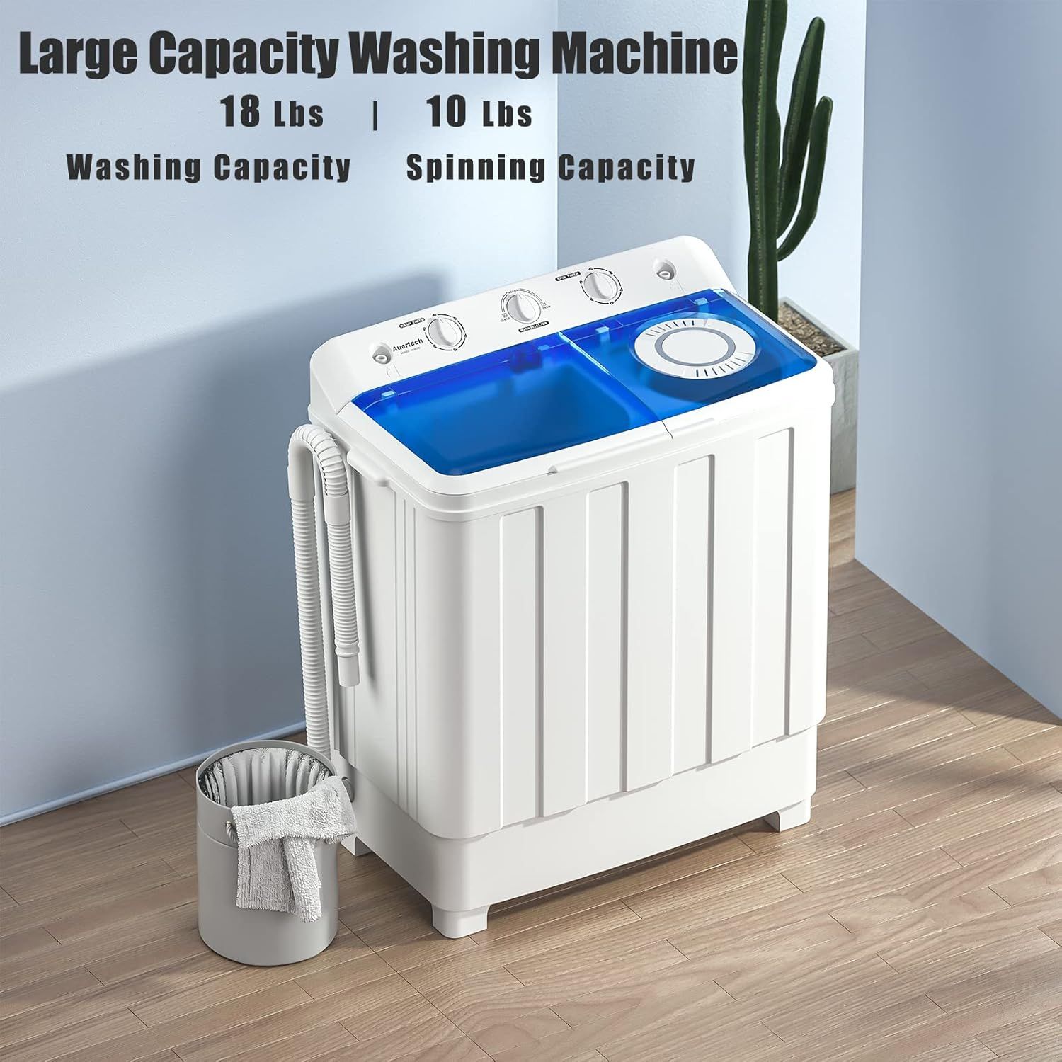 Communicates the washing machine's large capacity specifications to help shoppers understand how much laundry it can handle in a single load. Highlights the key benefit of large capacity to reassure…