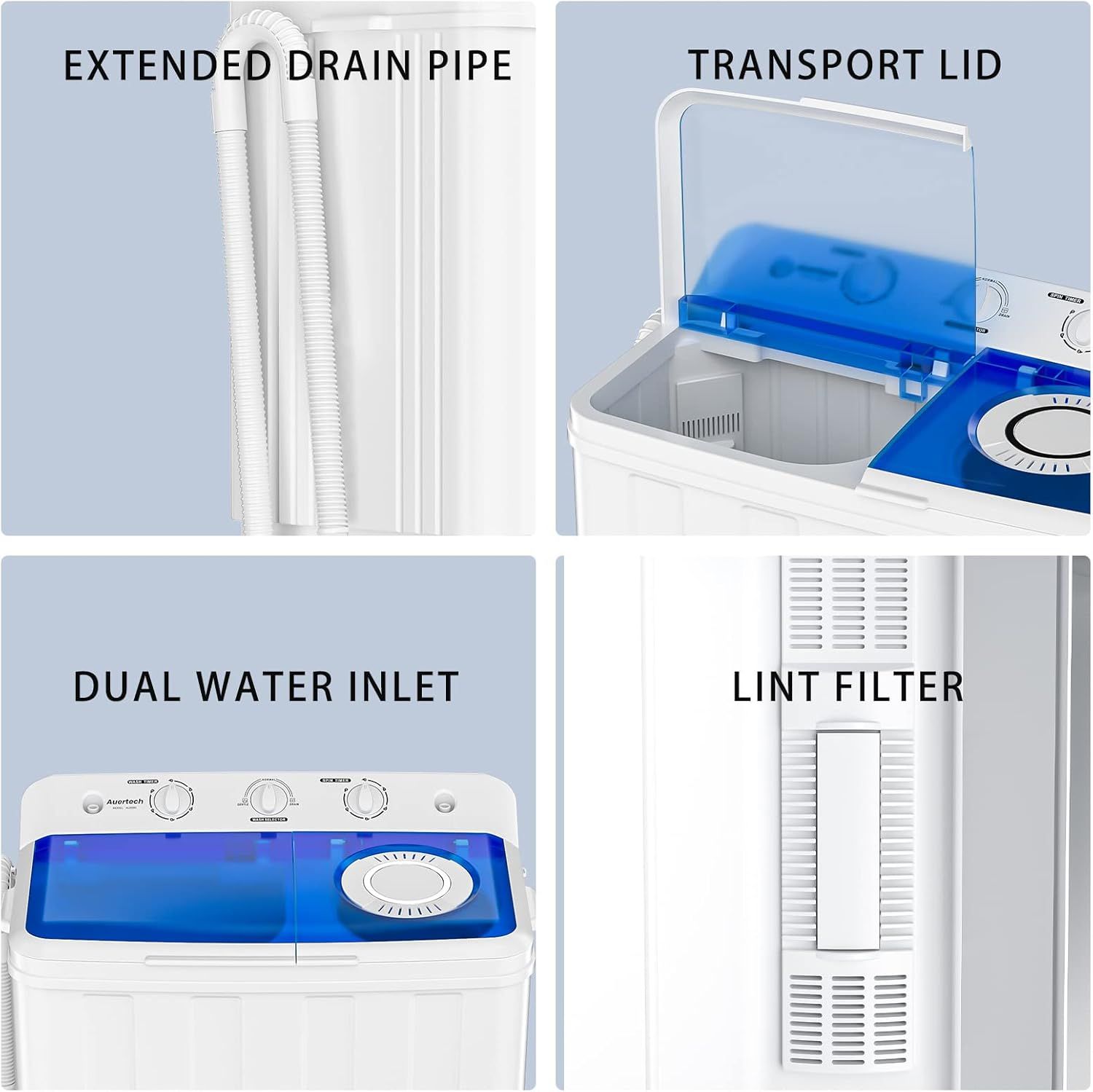 This image breaks down the key physical components and features of the washing machine to help shoppers understand the product's construction and functional parts. Showcases four distinct features…