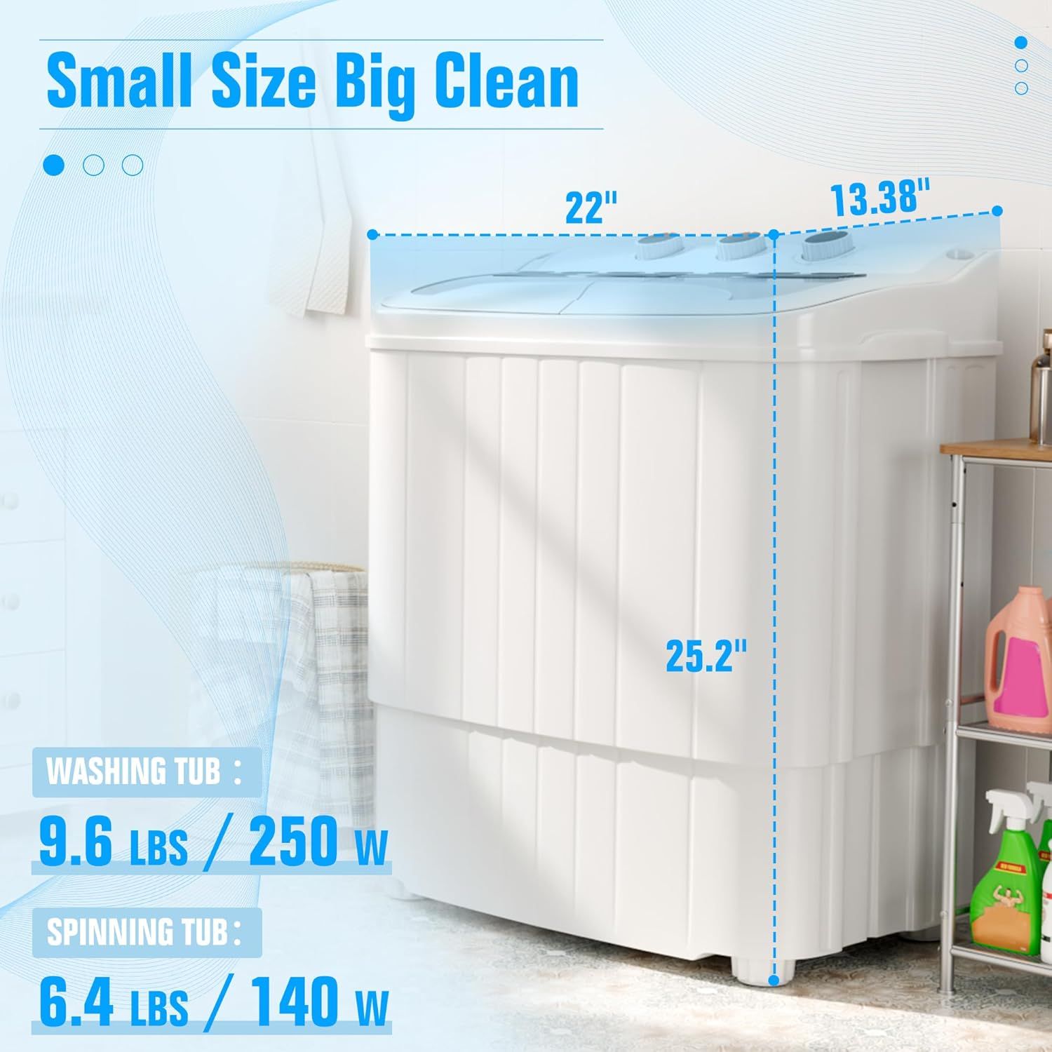 Communicates the physical dimensions and weight of the washing machine to reassure shoppers that it's compact and space-efficient while still offering substantial cleaning capacity. Highlights the…