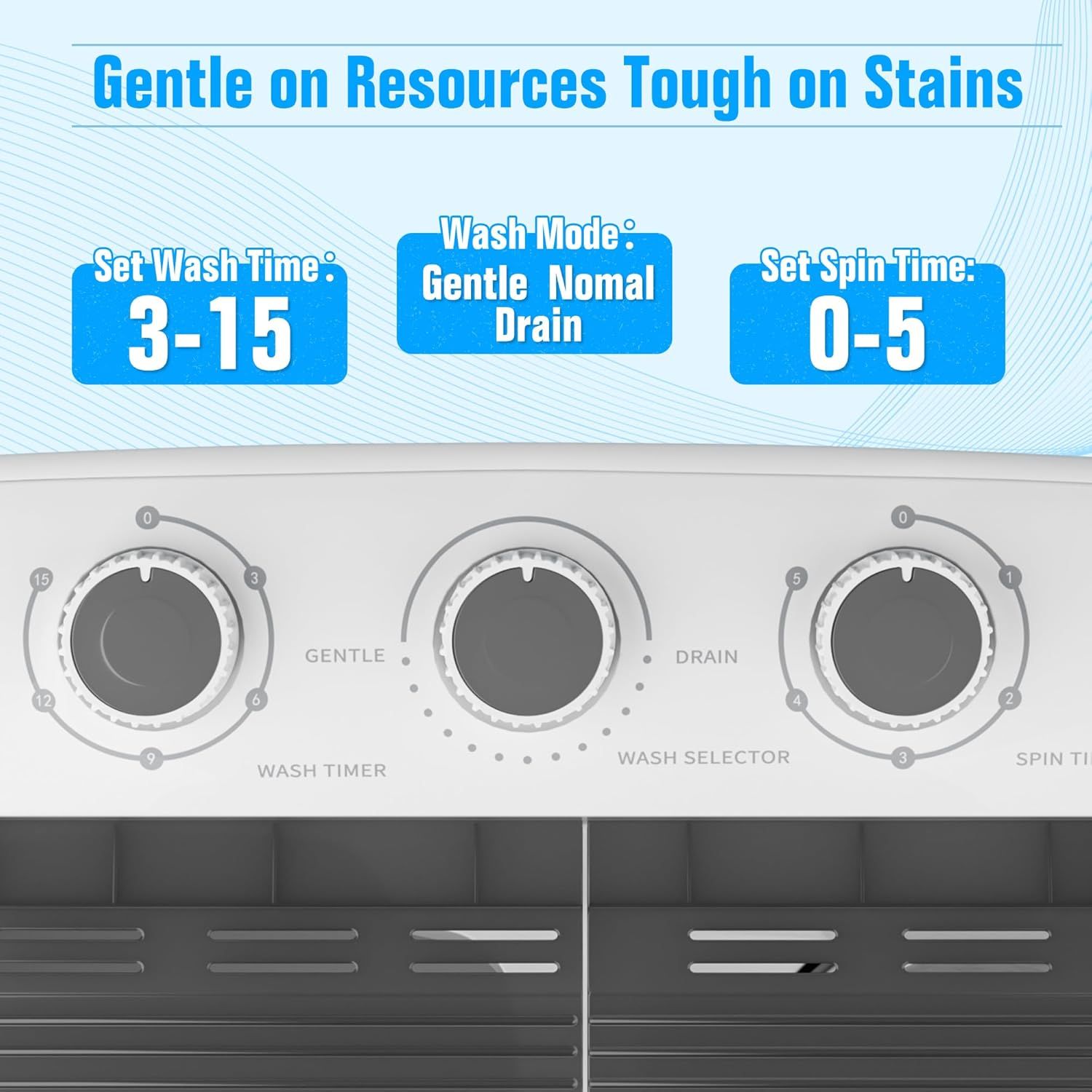 Instructs shoppers on how to properly set the washing machine for gentle washing that is tough on stains, providing specific time and mode settings to ensure optimal product care.