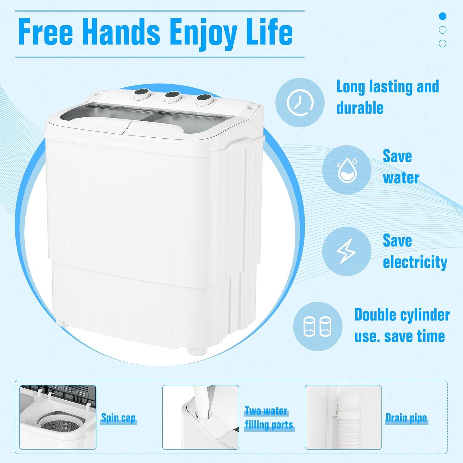 Communicates multiple key benefits of the portable washing machine including durability, water efficiency, energy efficiency, and time-saving dual cylinder design to help shoppers understand the…