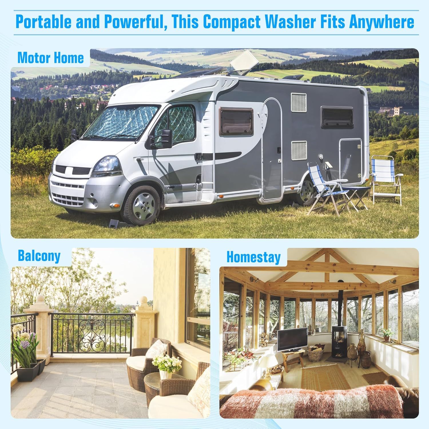 Demonstrates that the compact washer is versatile and suitable for multiple living environments including motor homes, balconies, and homestays, reassuring shoppers it fits anywhere.