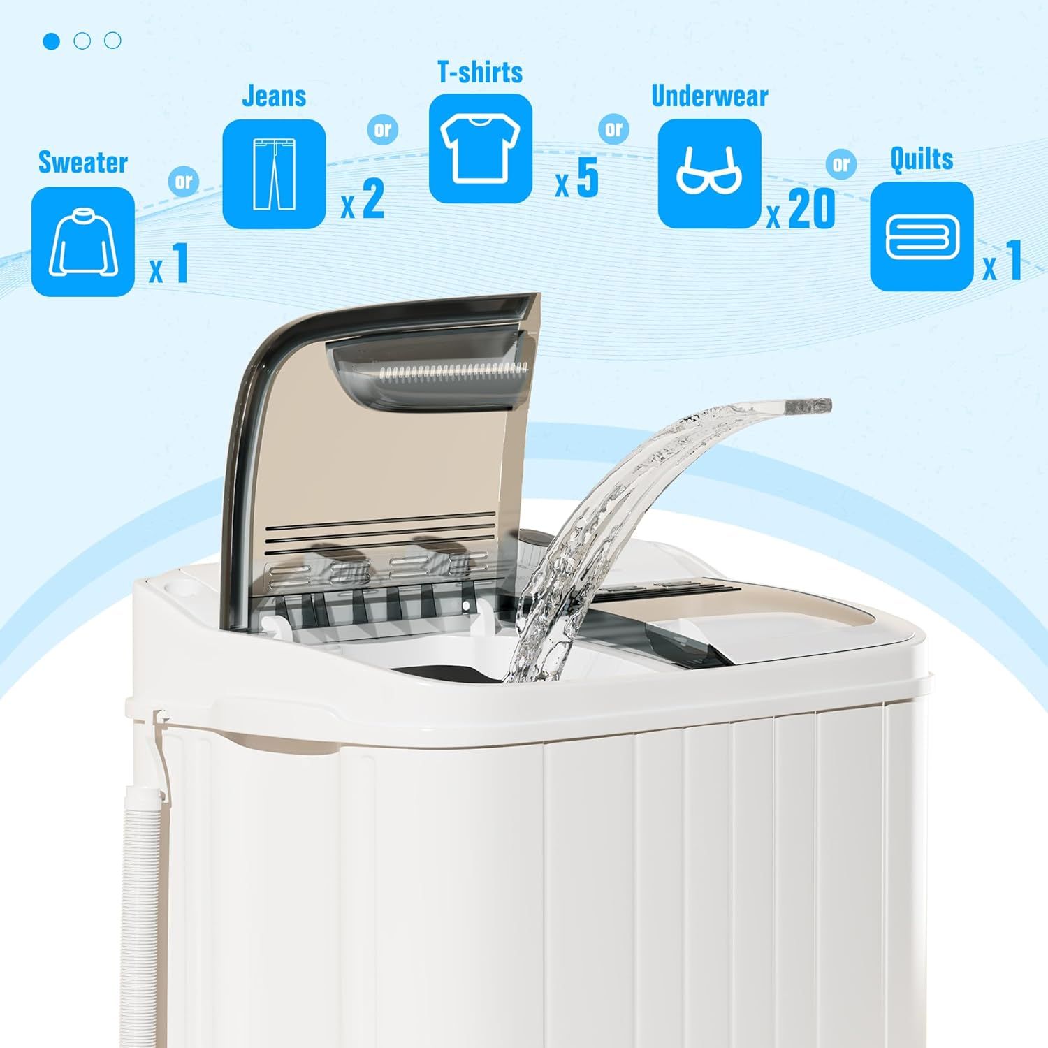 Communicates the washing machine's large capacity by showing how many clothing items it can hold in one load, helping shoppers understand its practical value and efficiency.