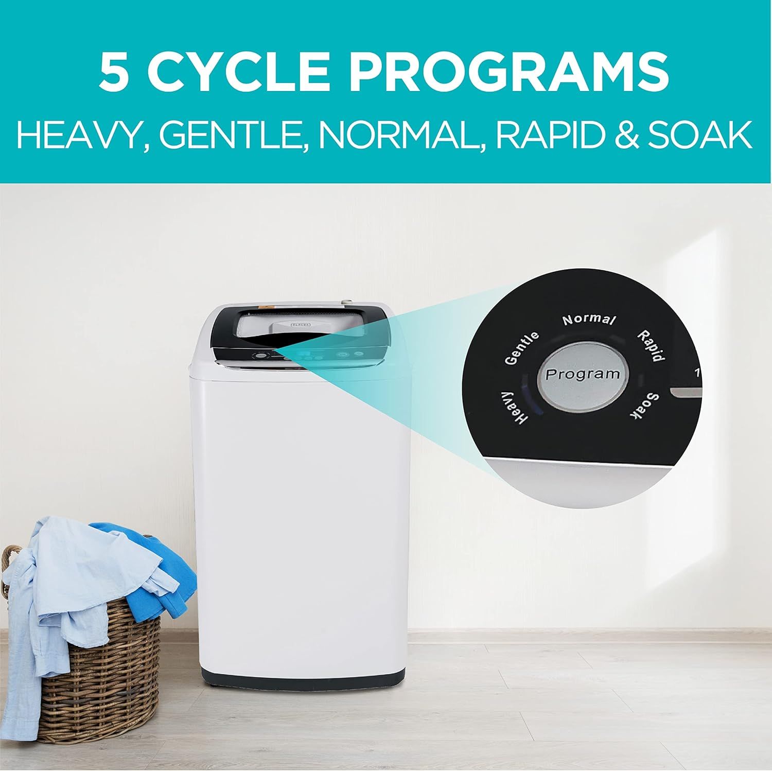 Highlights the washing machine's control dial and available cycle programs to show shoppers the versatility and customization options for different laundry needs. Communicates the benefit of having…