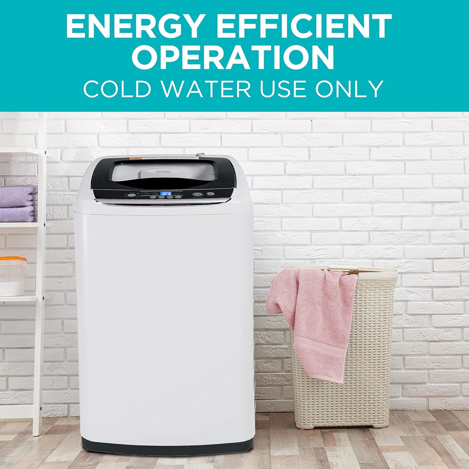 Communicates that the washing machine operates efficiently using only cold water, saving energy and reducing utility costs for the shopper.