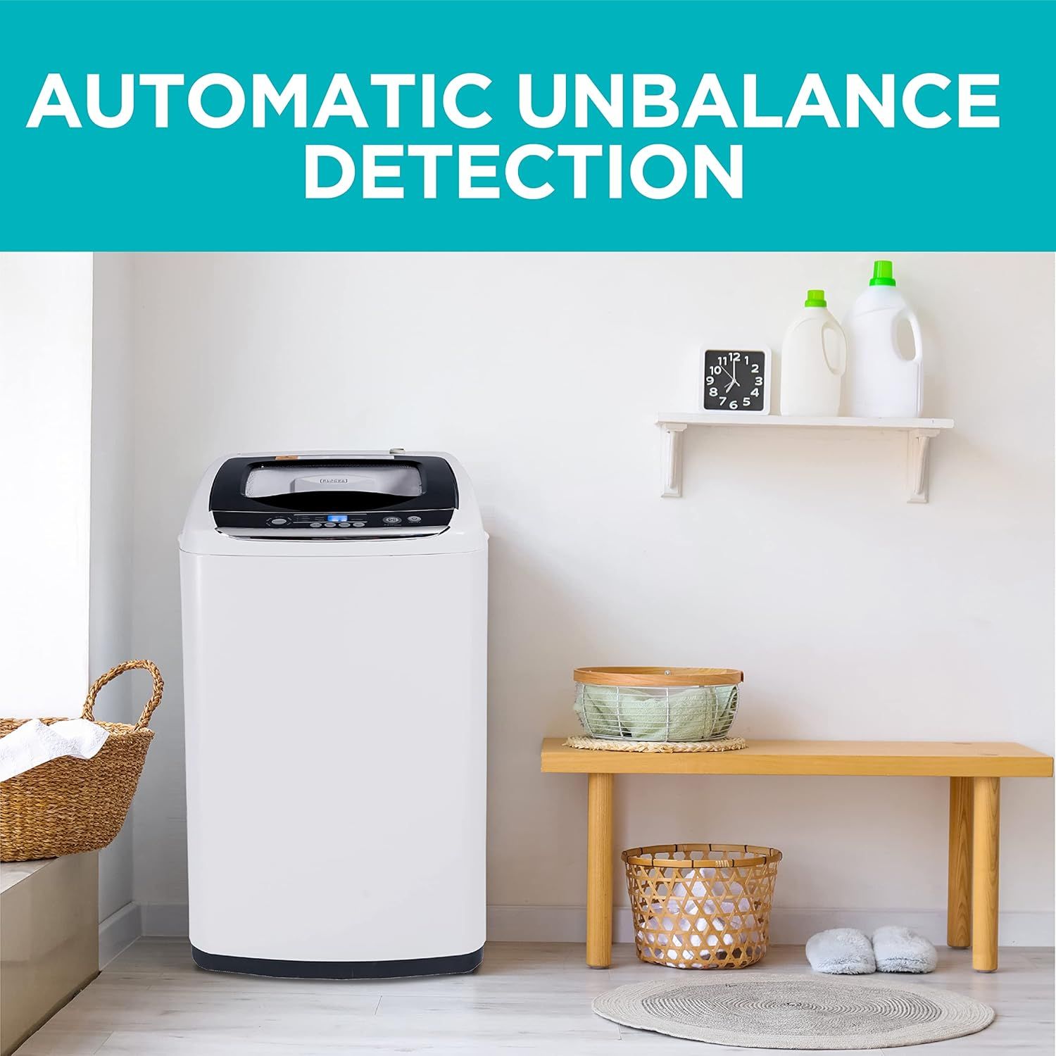 Highlights the washing machine's automatic unbalance detection feature to reassure shoppers that the machine can intelligently manage load distribution for optimal performance and safety.
