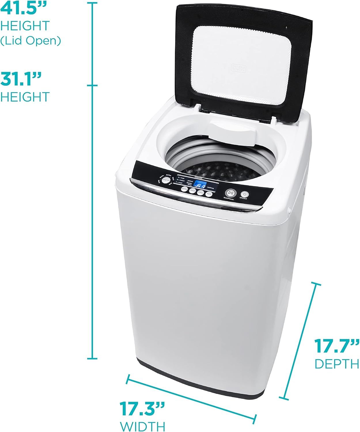 Communicates the exact physical dimensions of the washing machine (height, width, depth) to help shoppers determine if it will fit in their space.