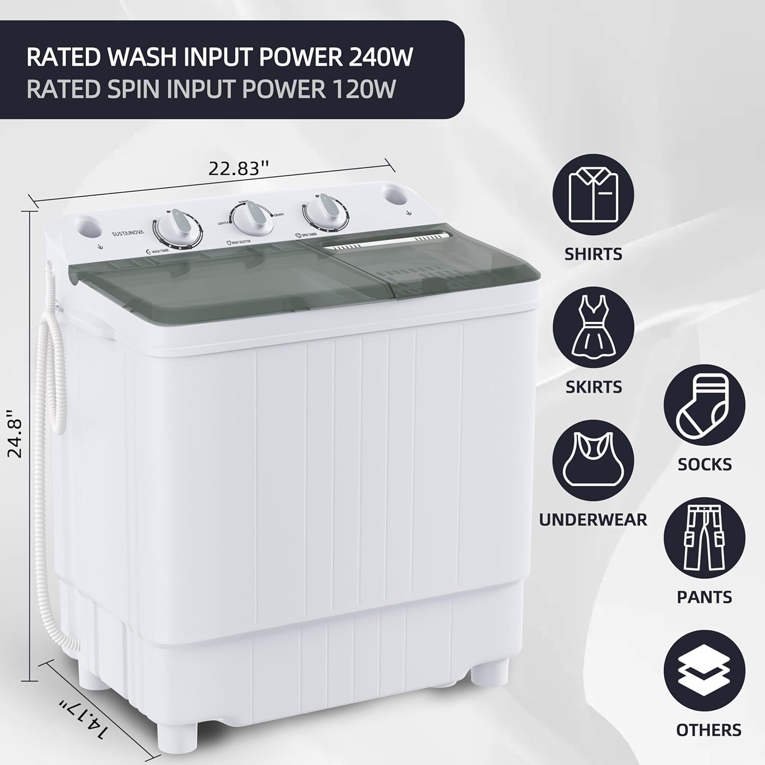Communicates the exact physical dimensions of the washing machine (22.83" x 24.8" x 14.17") to help shoppers understand if it will fit their space. Demonstrates the washing machine can handle…
