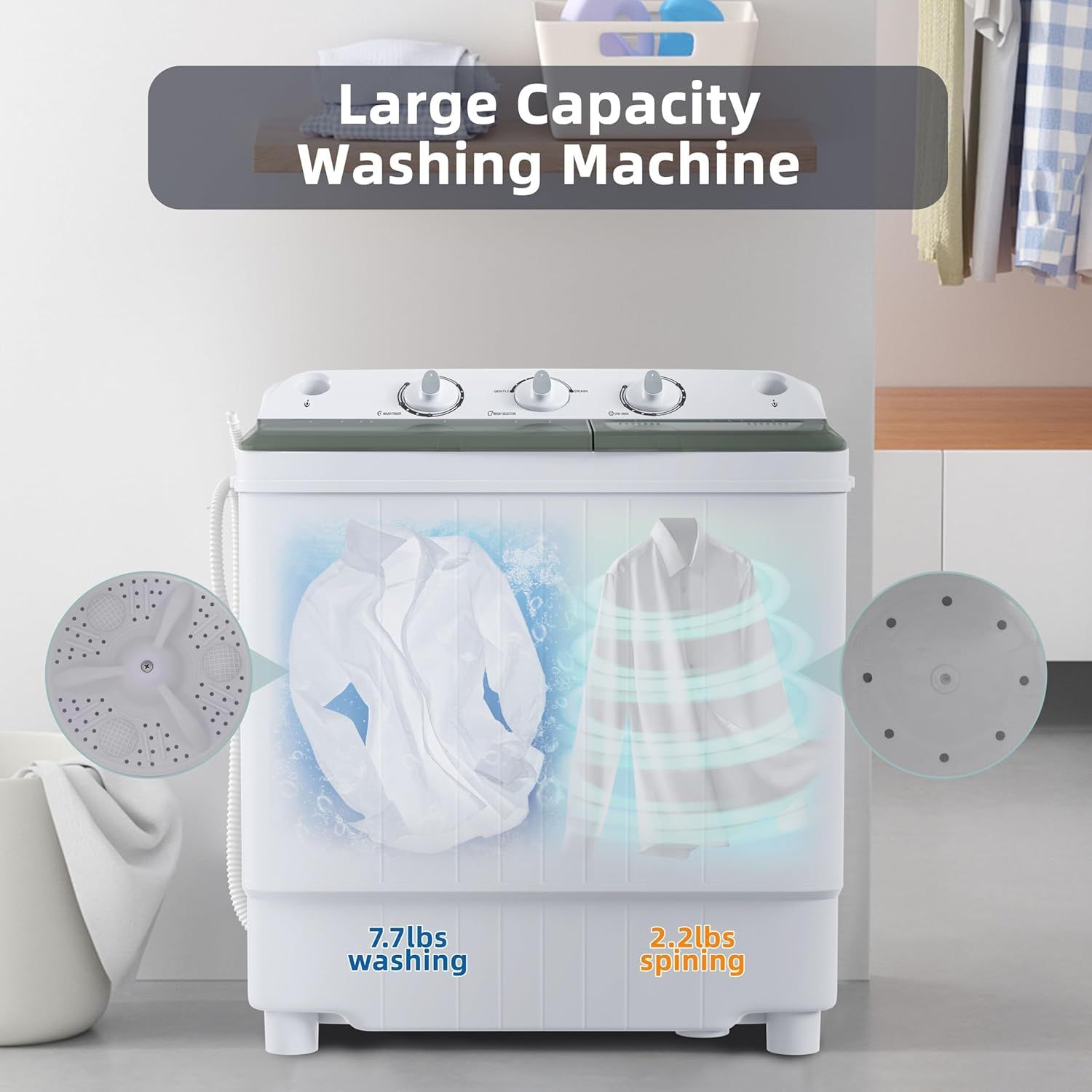 Communicates the washing machine's capacity specifications to help shoppers understand how much laundry it can handle in both washing and spinning modes. Highlights the primary benefit of large…