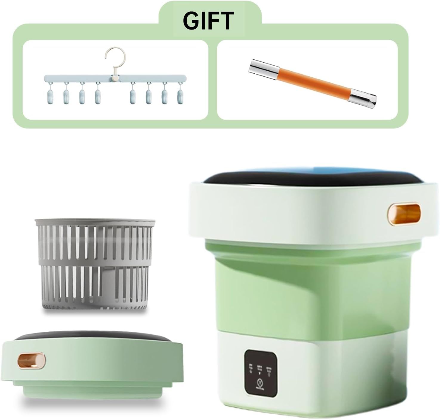 Shows everything included in the purchase—the main collapsible washing device, removable basket, and bonus gift accessories (hanger and peeler)—to communicate value and completeness of the bundle.…