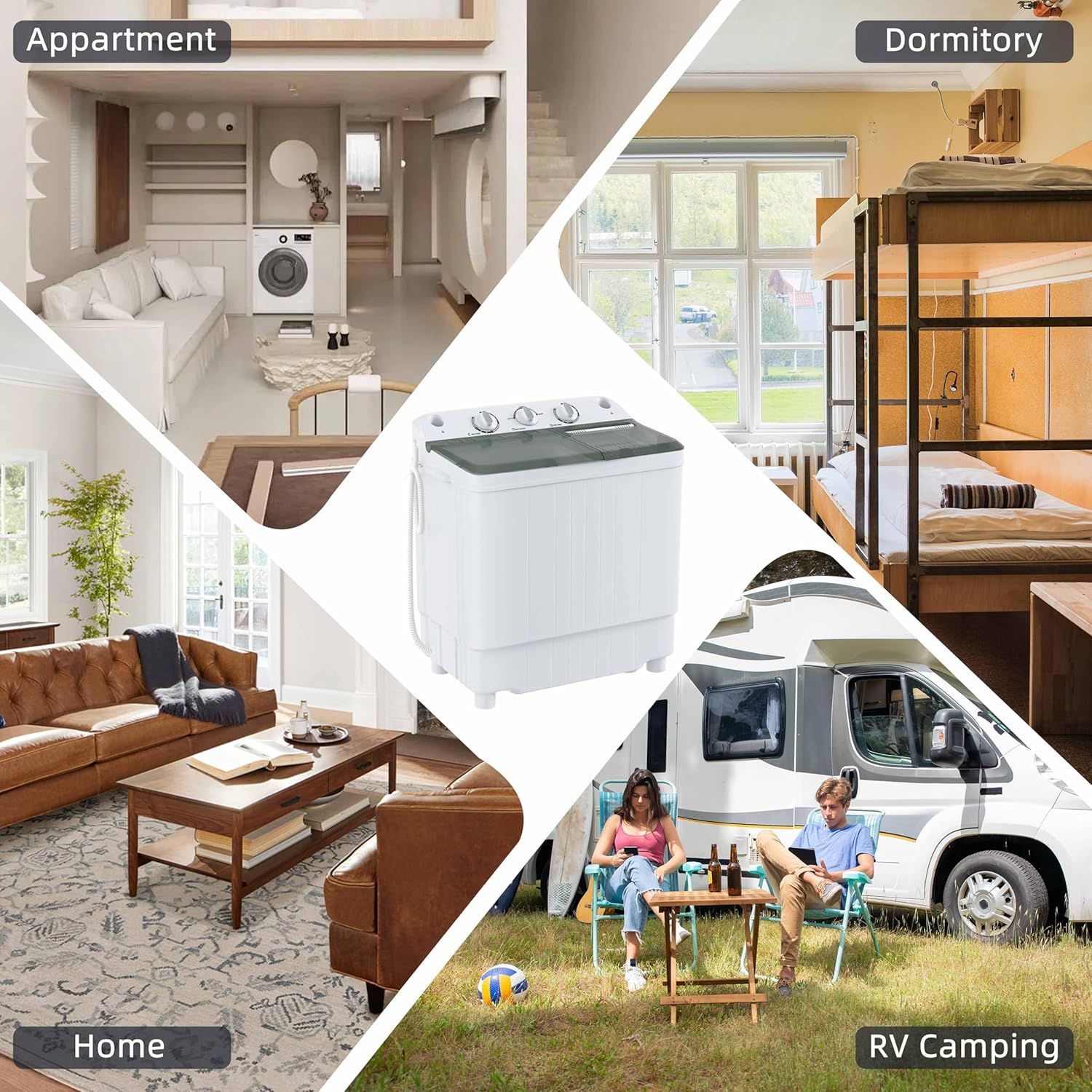 Demonstrates the product's versatility by showing it can be used in multiple living environments including apartments, dormitories, homes, and RV camping scenarios, reassuring shoppers that it's…