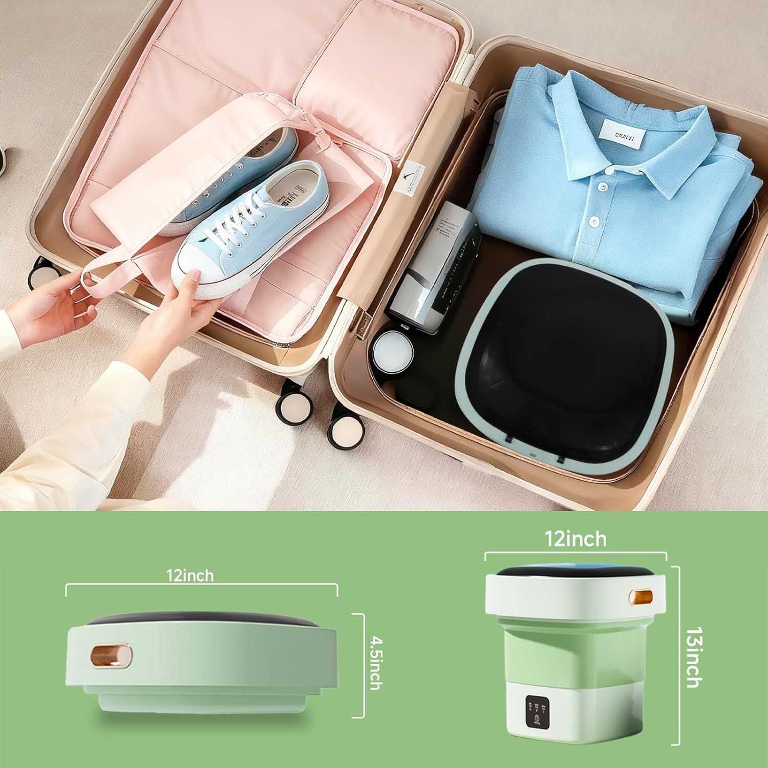 Communicates the exact physical dimensions of the product (12 inches wide, 4.5 inches and 13 inches tall in different orientations) to help shoppers understand its compact, travel-friendly size for…