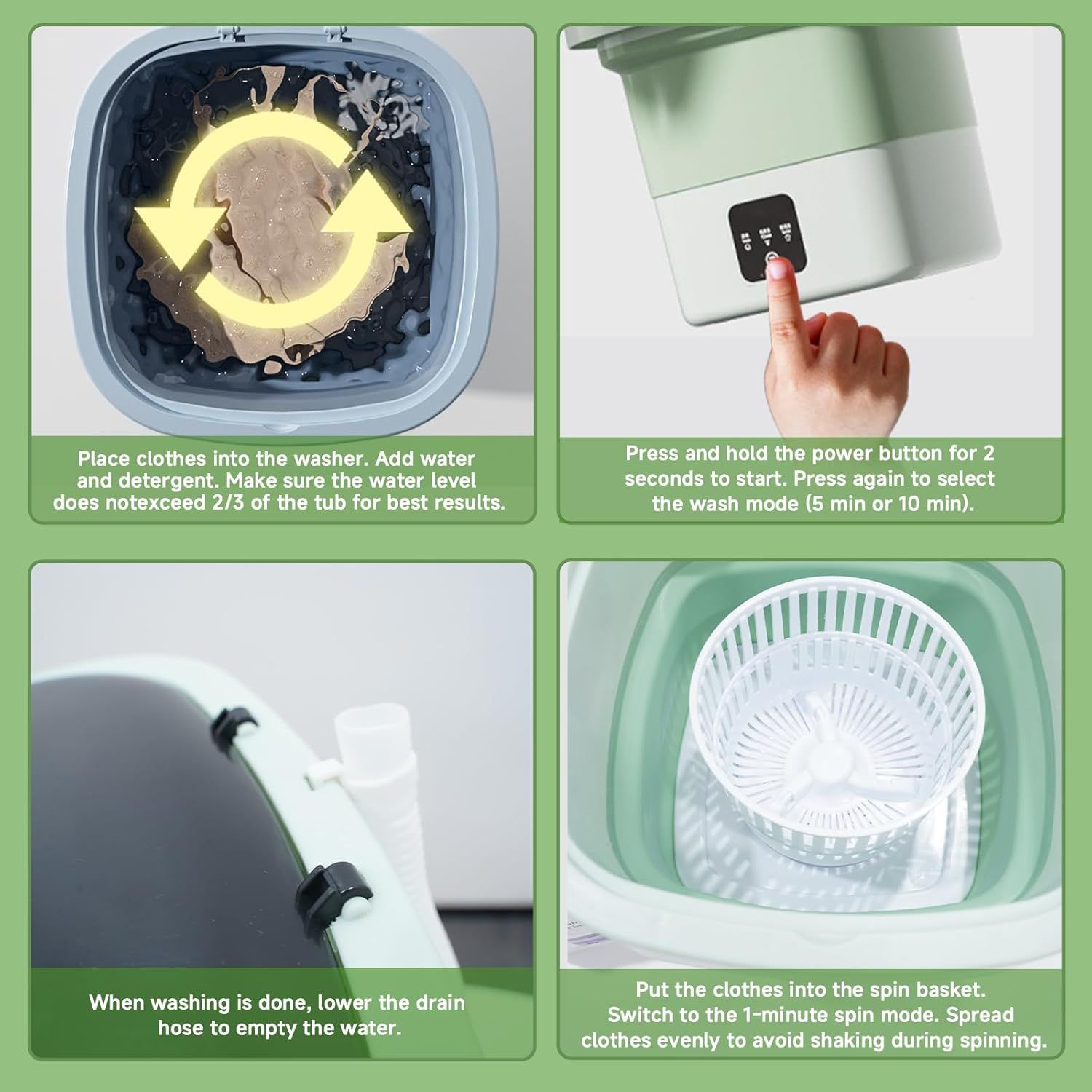 Provides clear, sequential instructions on how to use the portable washing machine, from loading clothes to draining water to spinning, ensuring shoppers understand the complete operation process.