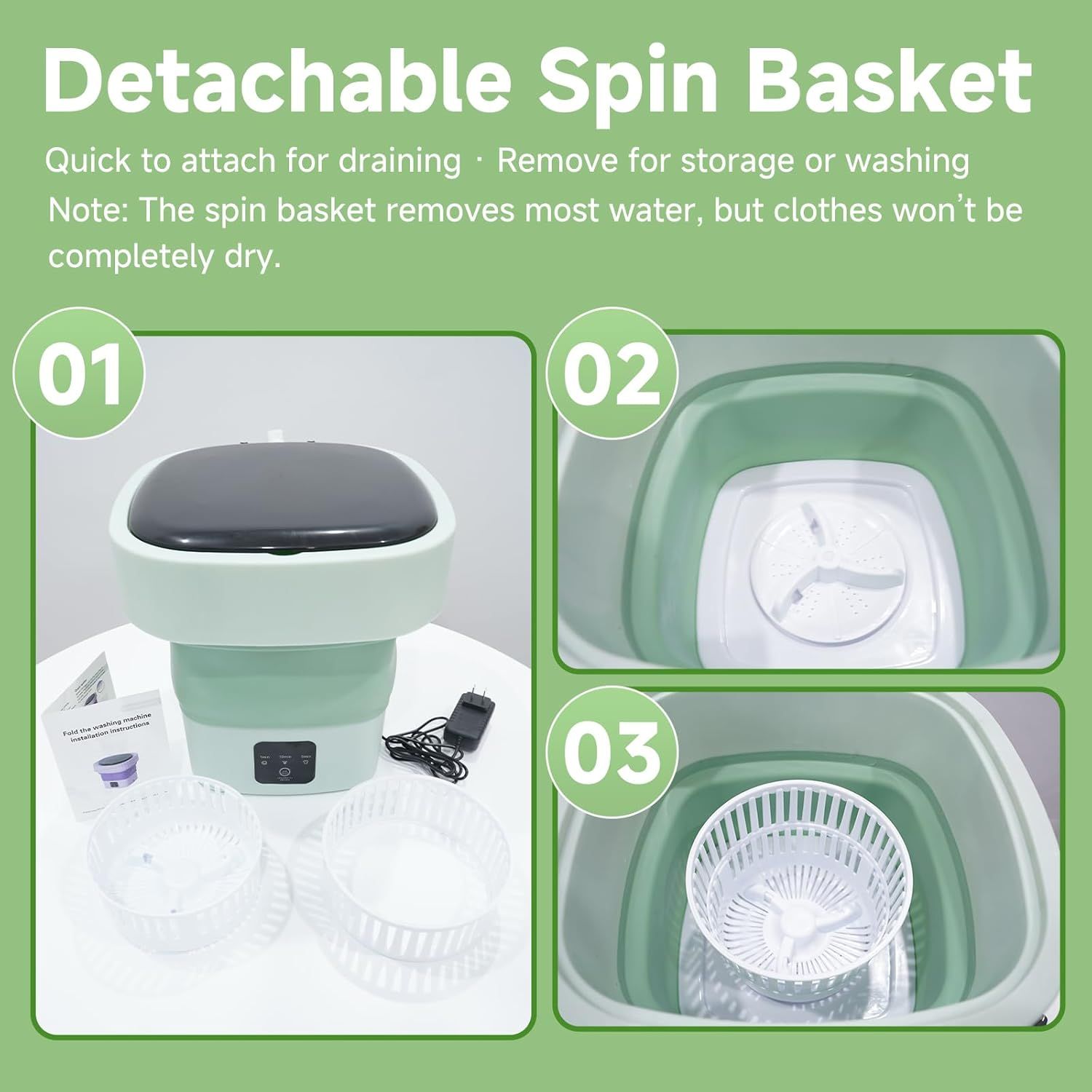 Demonstrates the detachable spin basket component and how it functions within the washing machine, showing shoppers the versatility and convenience of the removable basket feature for draining,…