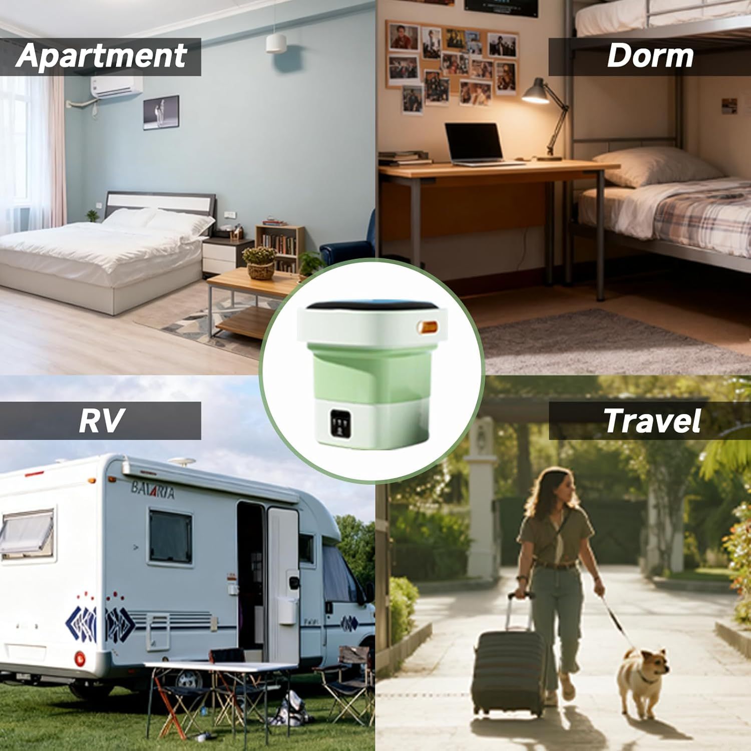 Demonstrates the product's versatility by showing it can be used in four different living environments and scenarios, reassuring shoppers that it's adaptable to their lifestyle.