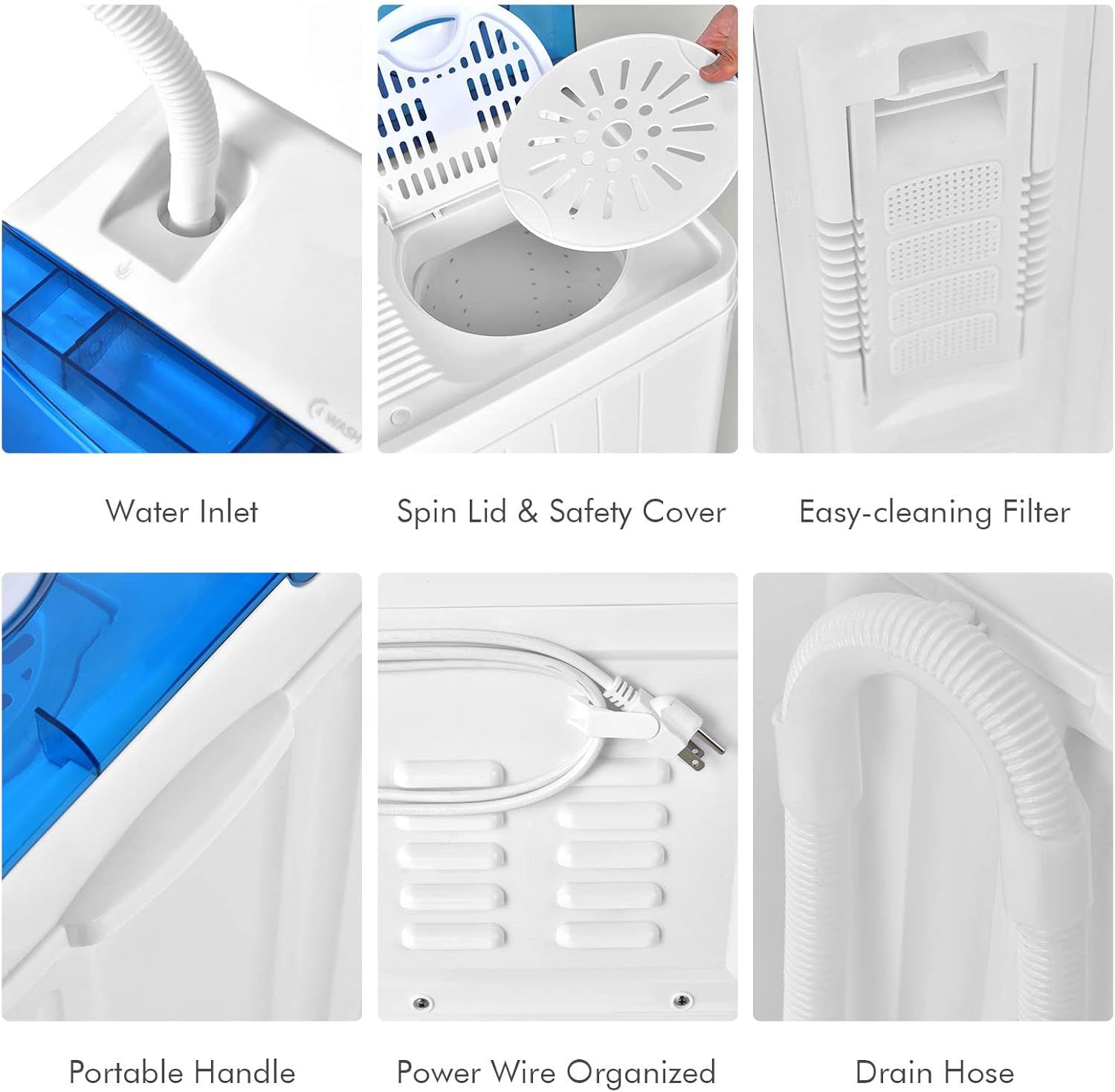 This image breaks down the physical components and structural features of the portable washing machine to help shoppers understand what parts make up the product and how it is designed.