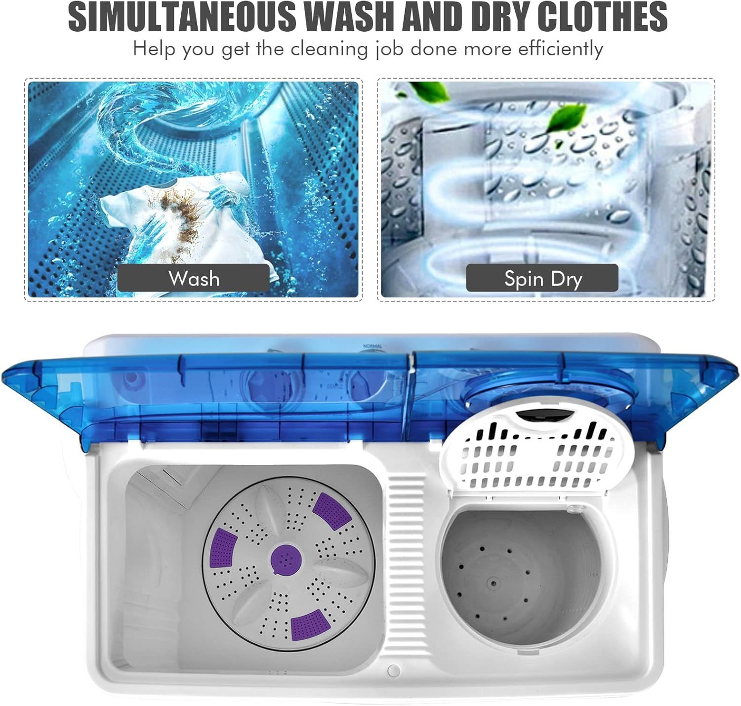 Demonstrates the product's ability to wash and spin dry clothes simultaneously in separate chambers, emphasizing time-saving efficiency and convenience for the shopper.