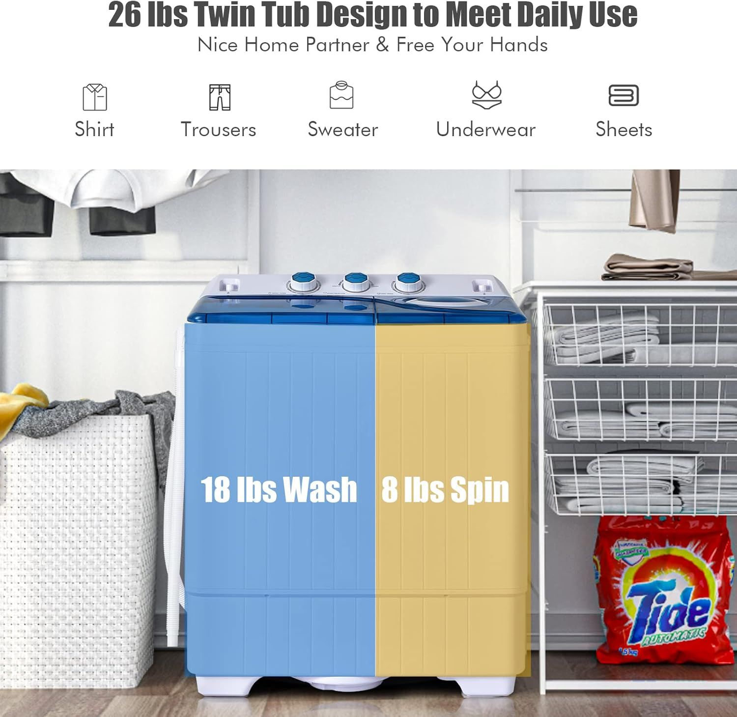 Communicates the washing machine's capacity specifications to help shoppers understand how much laundry it can handle in daily use. Demonstrates the variety of clothing items the twin tub washer can…