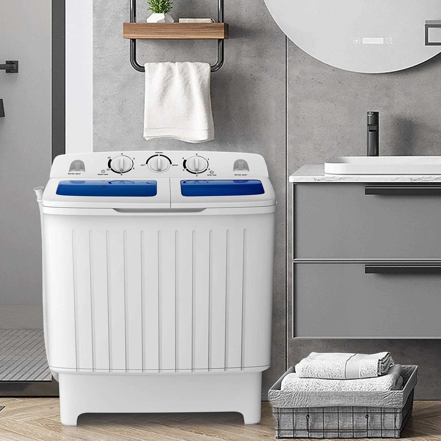 Demonstrates how the portable washing machine fits naturally into a modern bathroom environment, helping shoppers visualize the product in their own home.