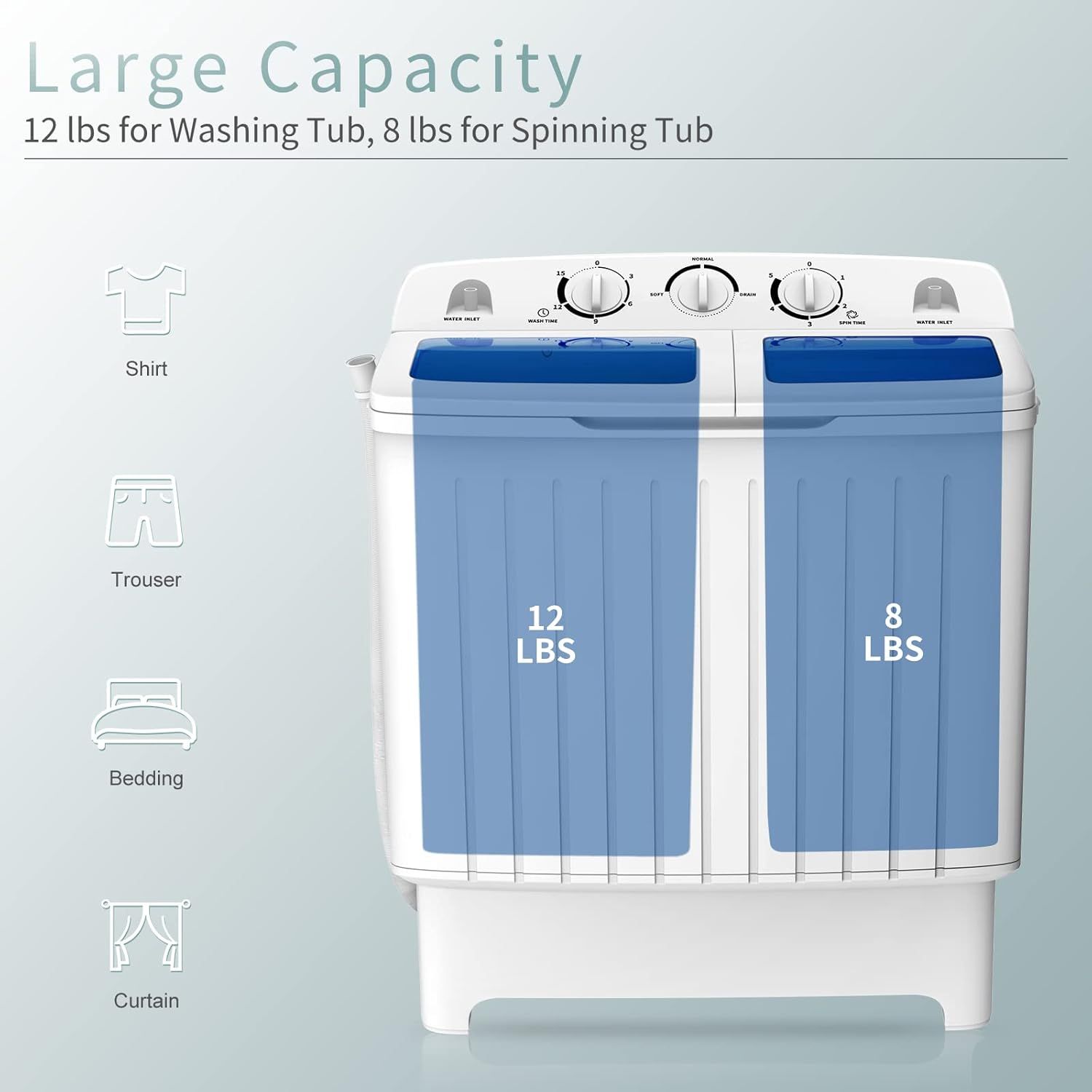 Communicates the washing machine's capacity specifications to help shoppers understand how much laundry it can handle in both the washing and spinning tubs. Highlights the generous capacity as a key…
