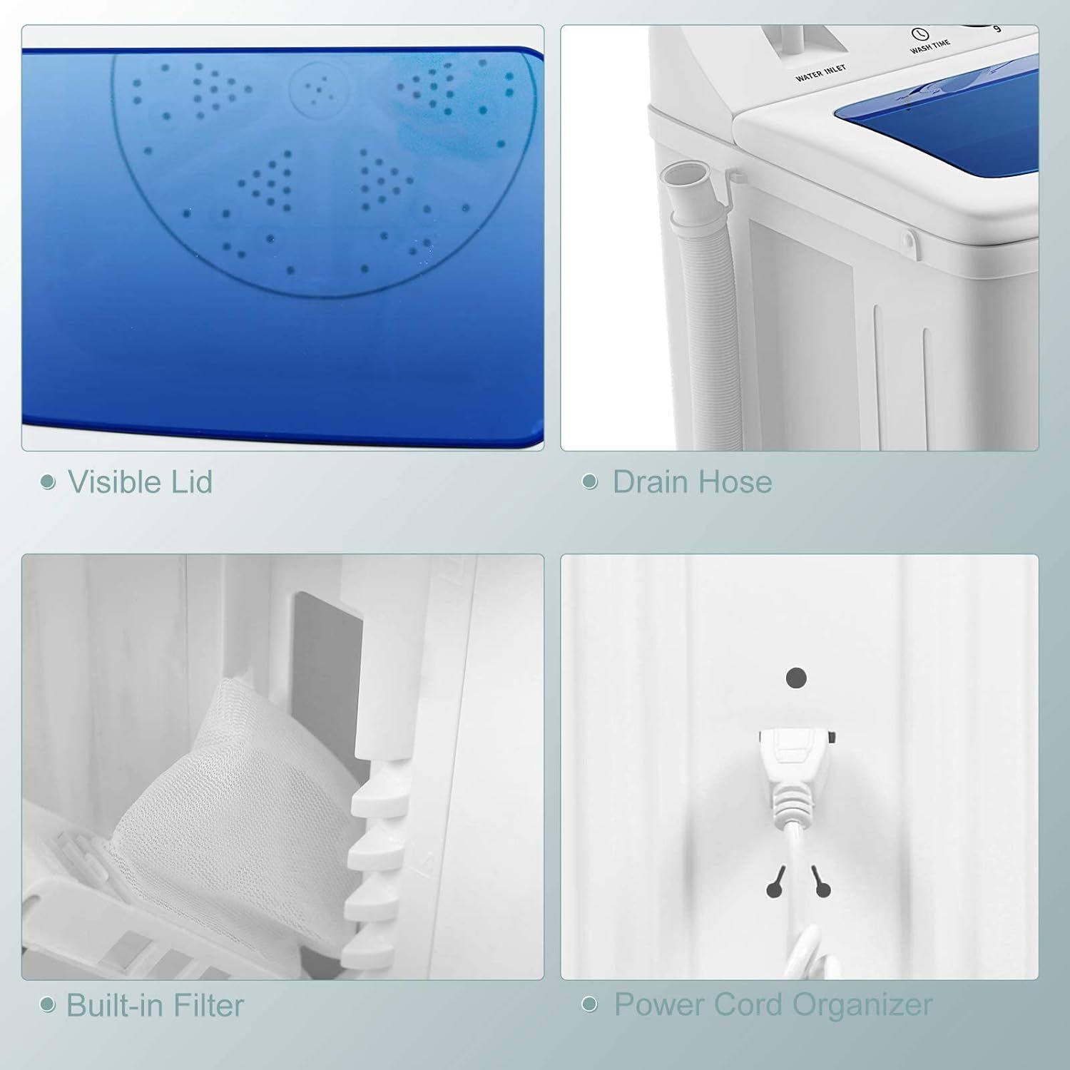 This image breaks down the physical components and structural features of the washing machine to help shoppers understand what parts are included and how the product is designed.