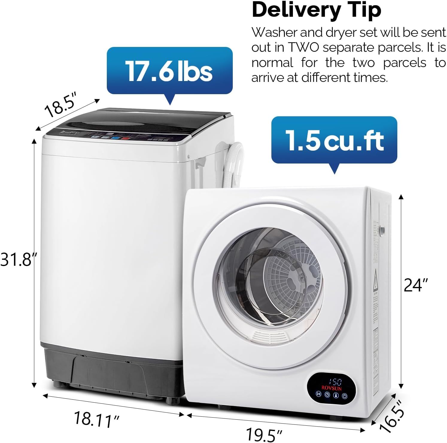 Communicates the exact physical dimensions and weight of the washer and dryer set to help shoppers assess fit and space requirements.