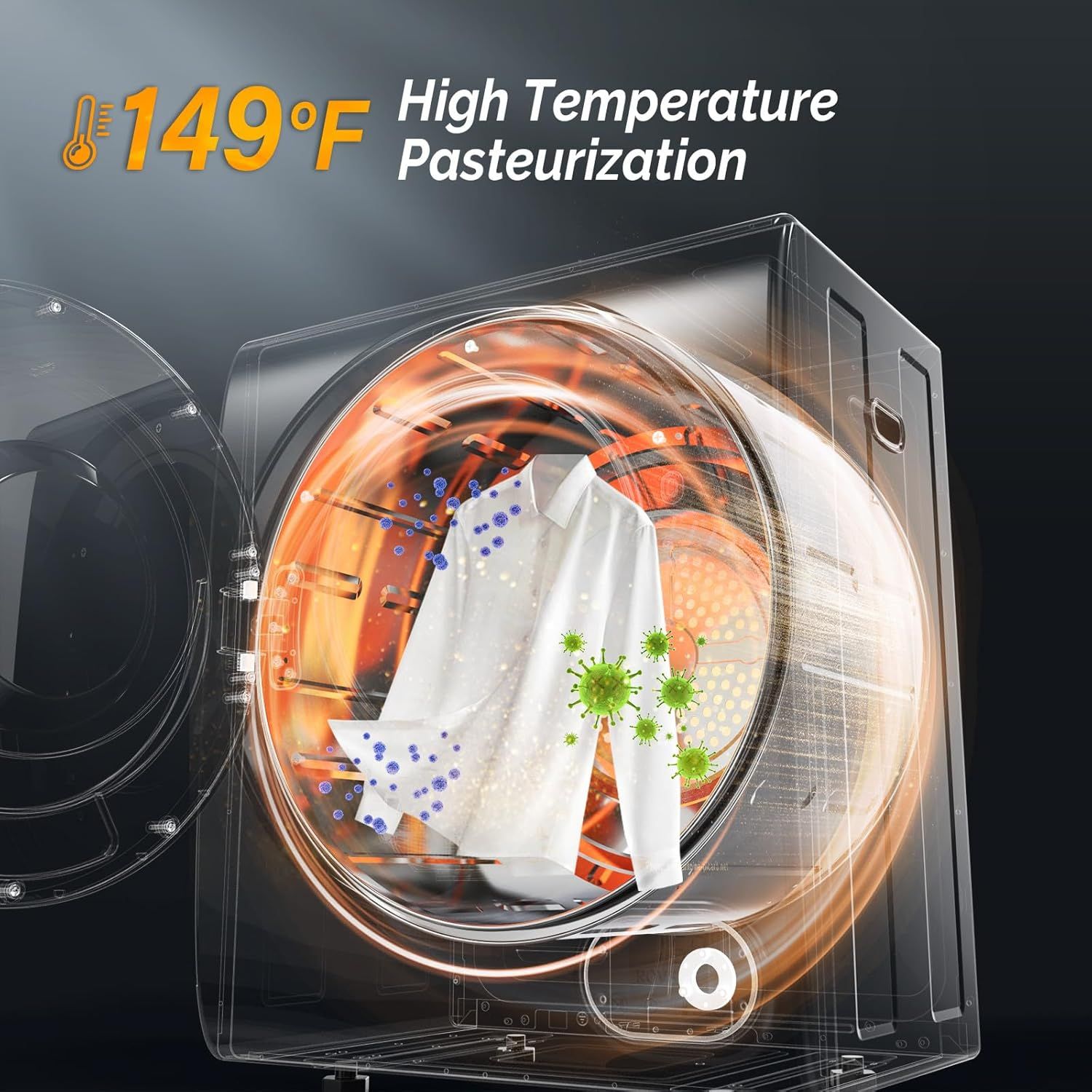Communicates the specific temperature capability of the washing machine to reassure shoppers that it can effectively sanitize and eliminate germs through high-temperature pasteurization. Highlights…