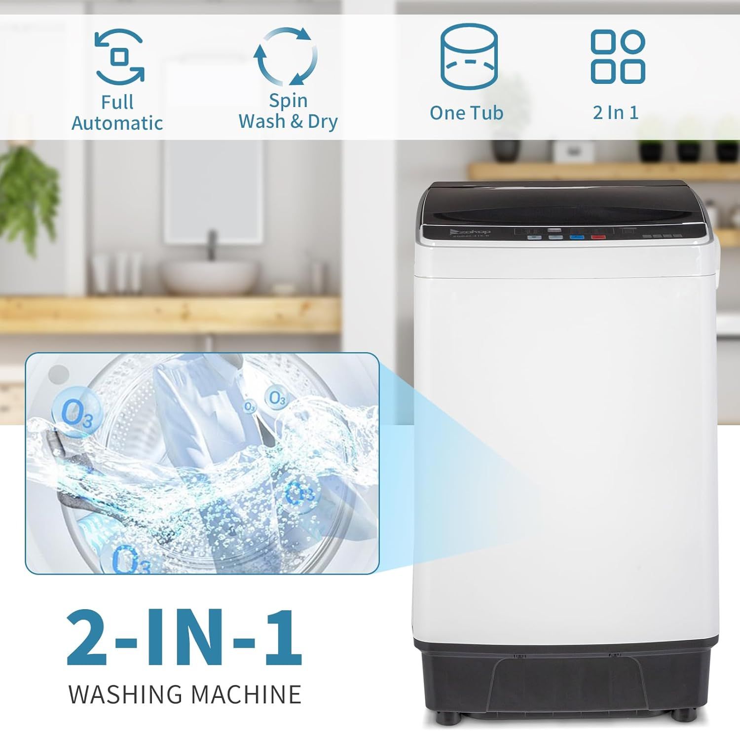 Communicates multiple key features of the washing machine in a segmented layout, highlighting its automatic operation, spin wash and dry capability, single tub design, and 2-in-1 functionality to…
