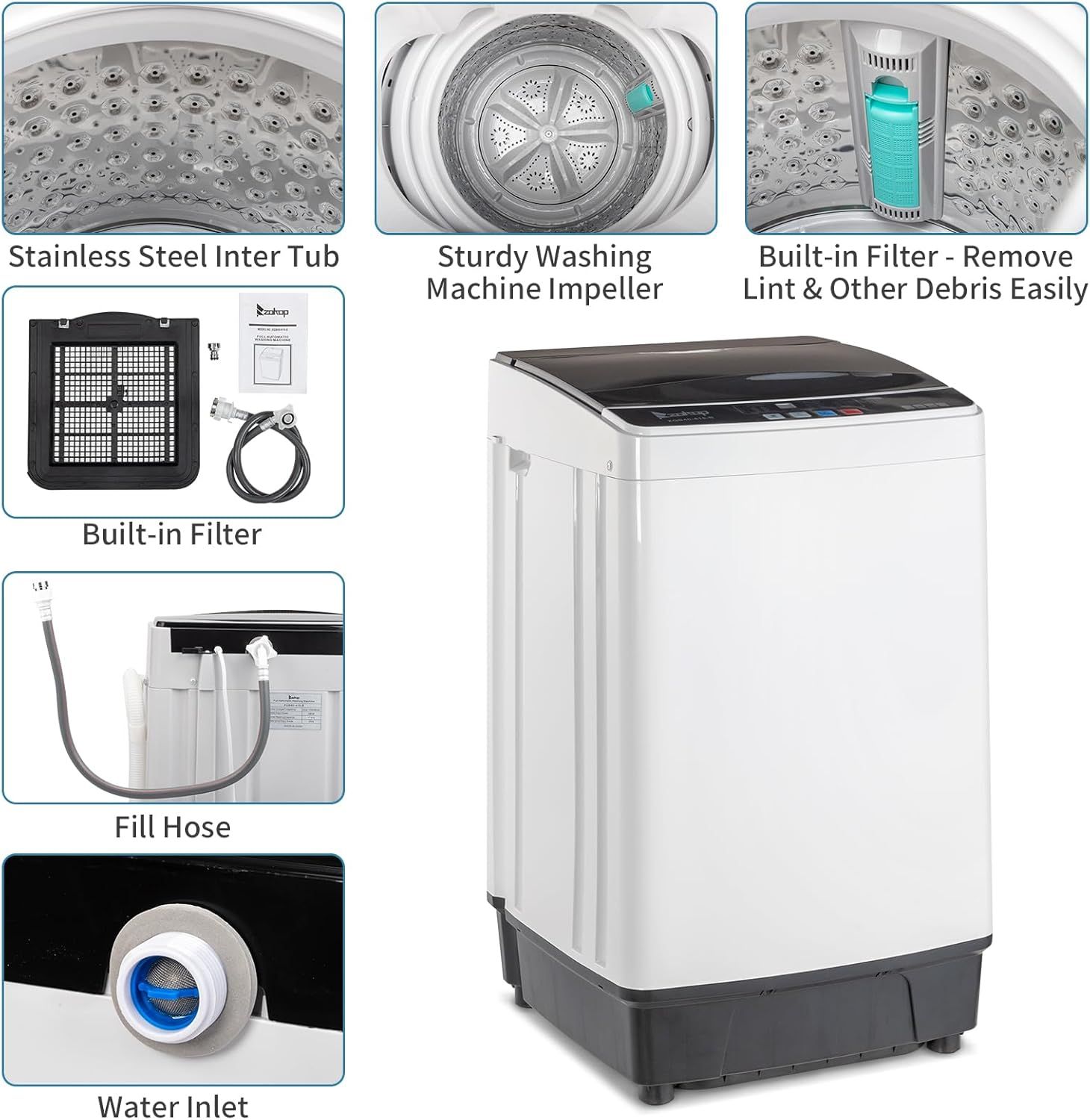 This image showcases multiple distinct features and components of the washing machine in a segmented layout, helping shoppers understand the product's construction quality, functionality, and…