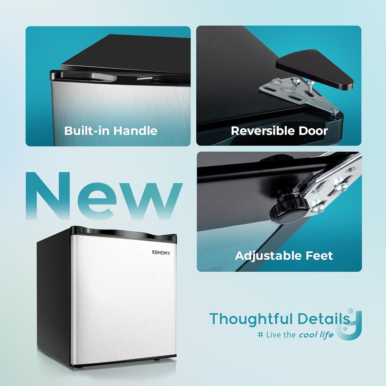 Highlights three distinct thoughtful design features of the mini fridge to demonstrate convenience, flexibility, and stability for the shopper.